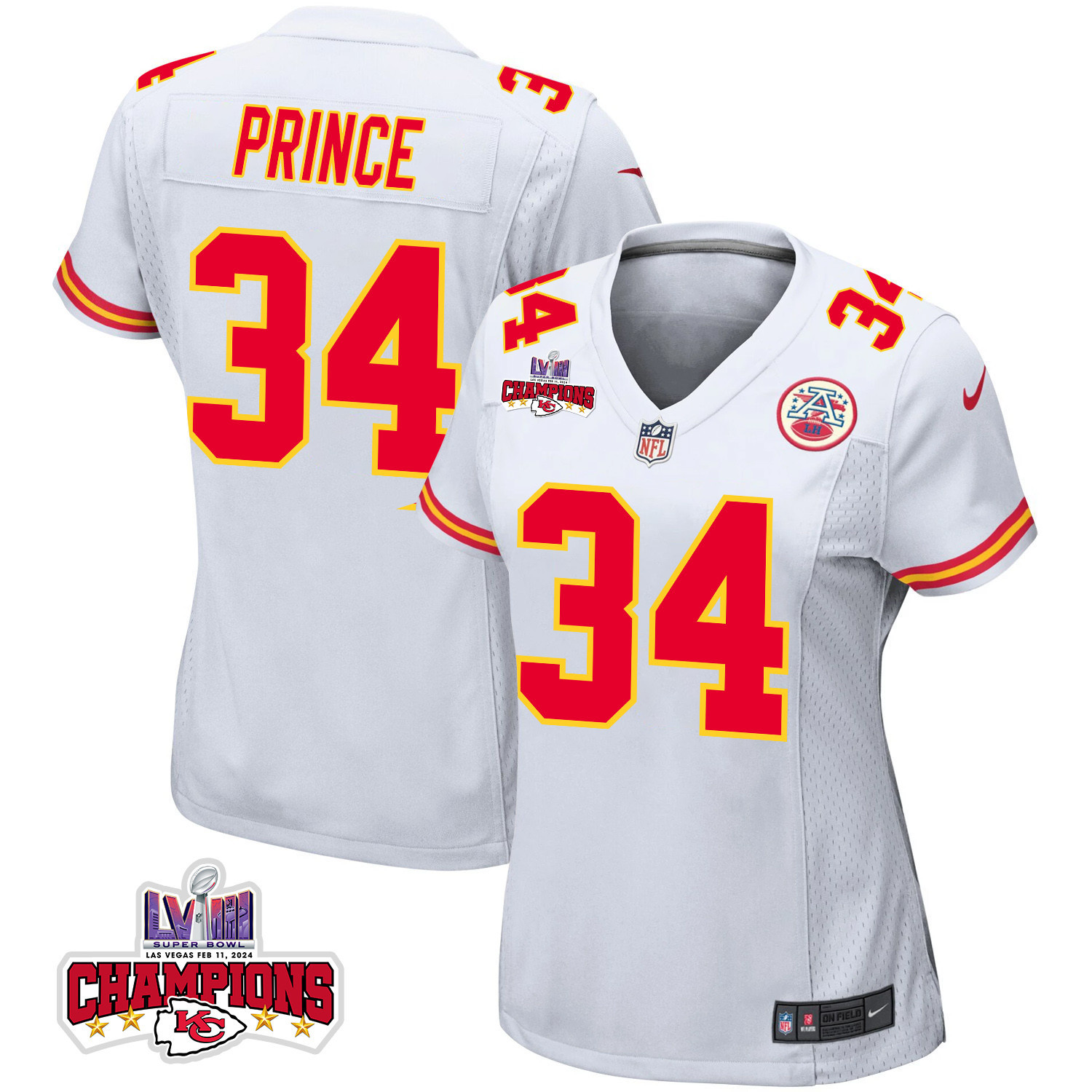 Deneric Prince 34 Kansas City Chiefs Super Bowl LVIII Champions 4 Stars Patch Game Women Jersey - White JS2839 Saliibo