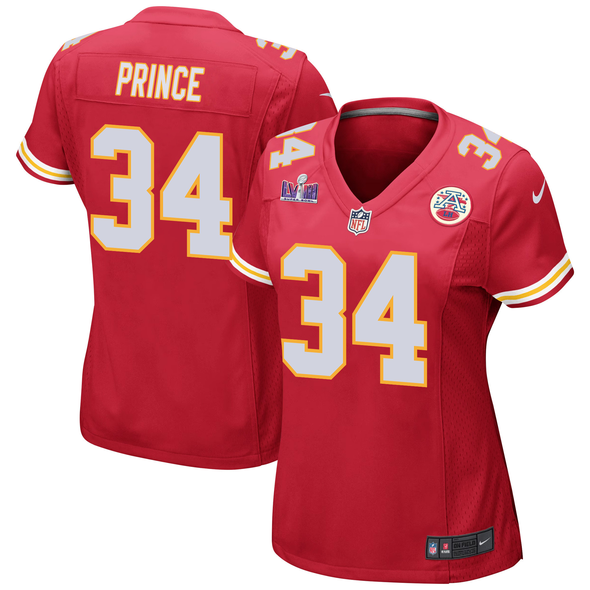 Deneric Prince 34 Kansas City Chiefs Super Bowl LVIII Patch Game Women Jersey - Red JS9492 Saliibo
