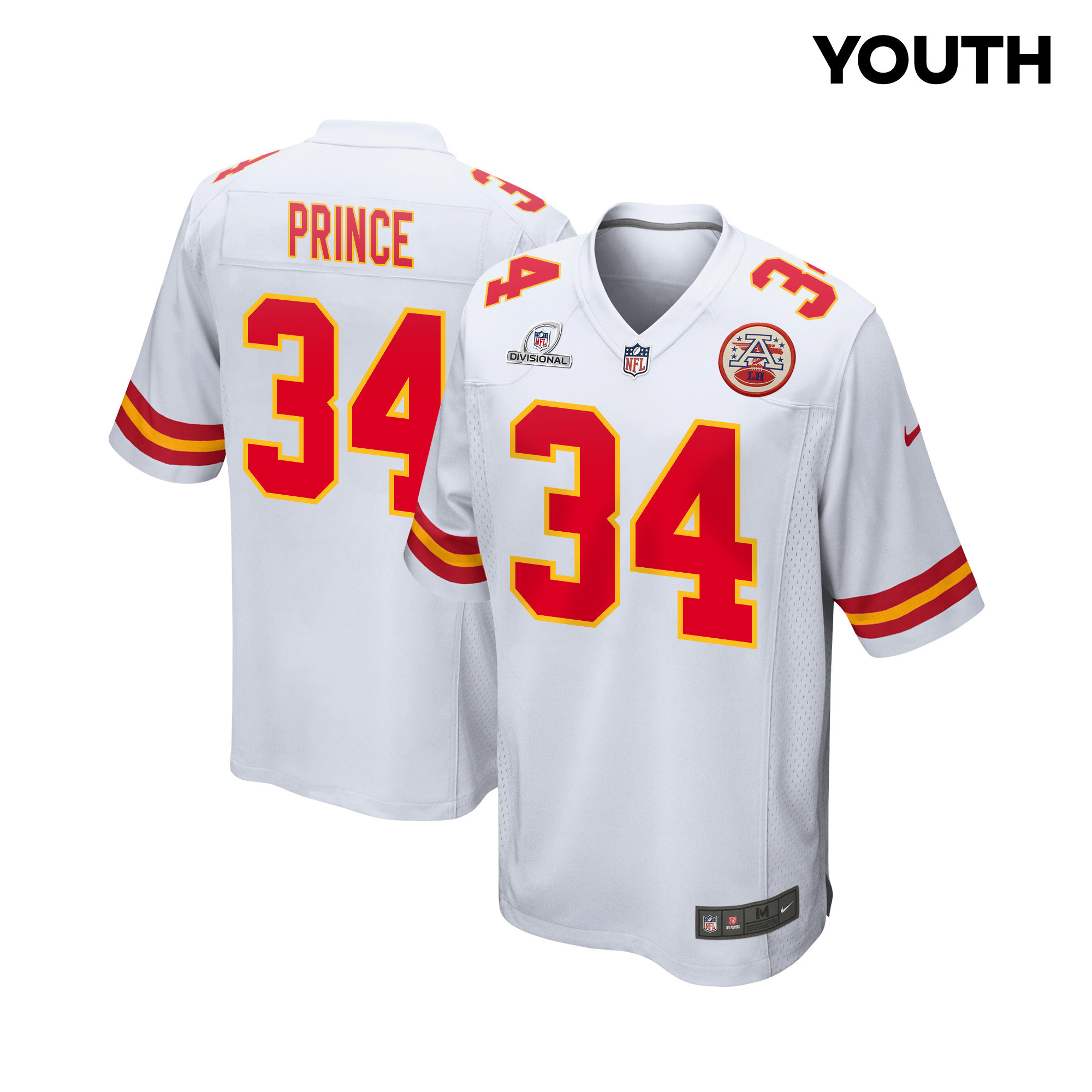 Deneric Prince 34 Kansas City Chiefs Super Bowl LVIII Patch Game YOUTH Jersey - White JS4681 Saliibo