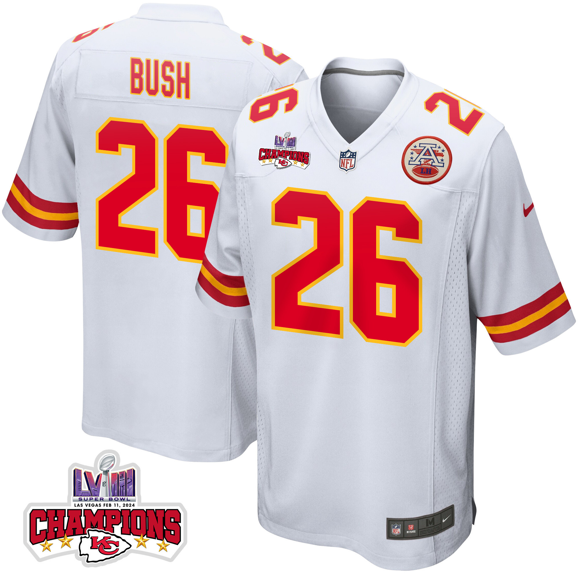Deon Bush 26 Kansas City Chiefs Super Bowl LVIII Champions 4 Stars Patch Game Men Jersey - White JS5229 Saliibo