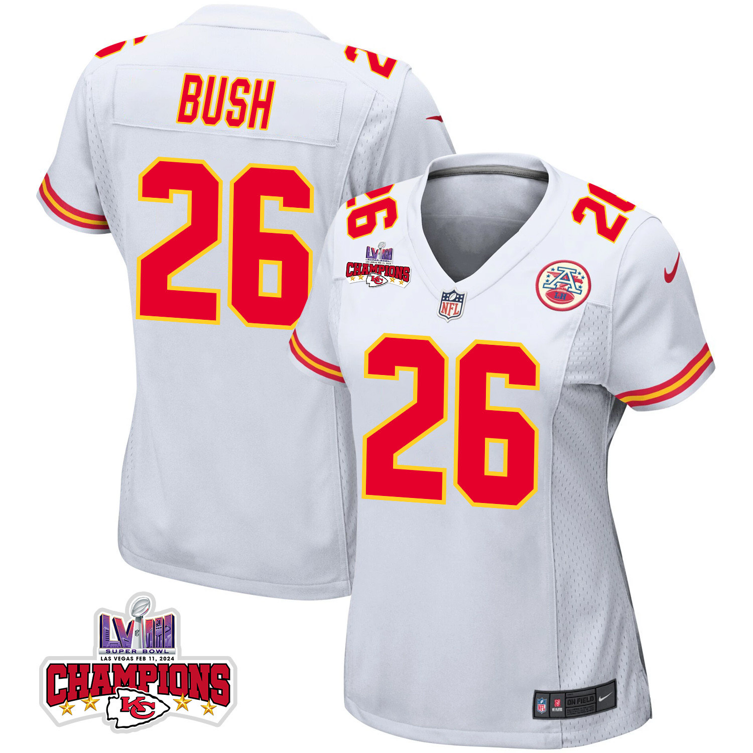 Deon Bush 26 Kansas City Chiefs Super Bowl LVIII Champions 4 Stars Patch Game Women Jersey - White JS3905 Saliibo