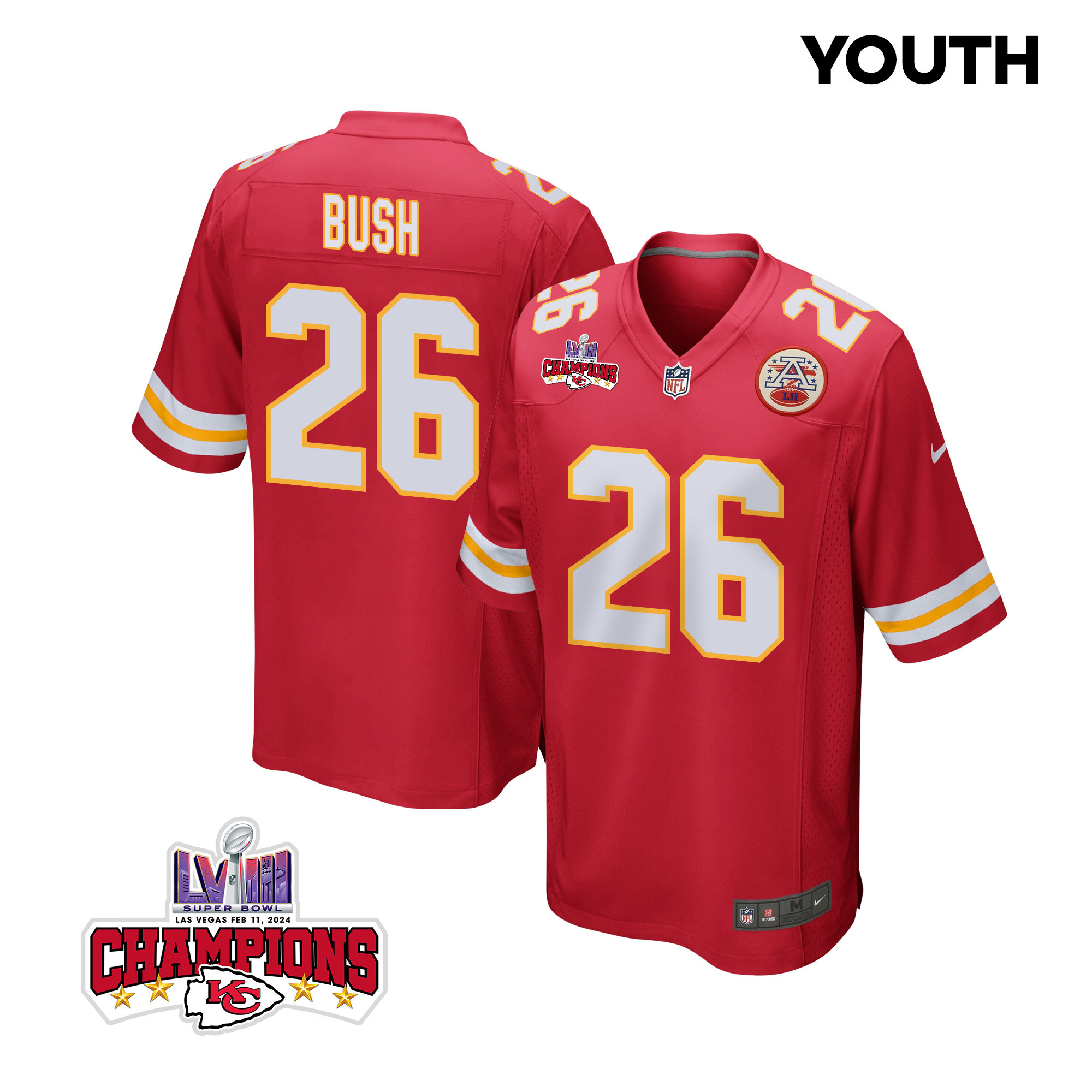 Deon Bush 26 Kansas City Chiefs Super Bowl LVIII Champions 4 Stars Patch Game YOUTH Jersey - Red JS5315 Saliibo