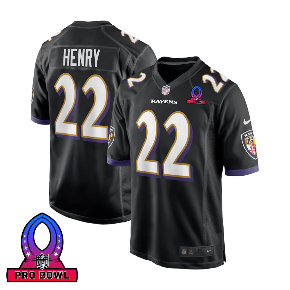Derrick Henry 22 Baltimore Ravens 2025 Pro Bowl Patch Alternate Game Men Jersey - Black JS2278 Saliibo