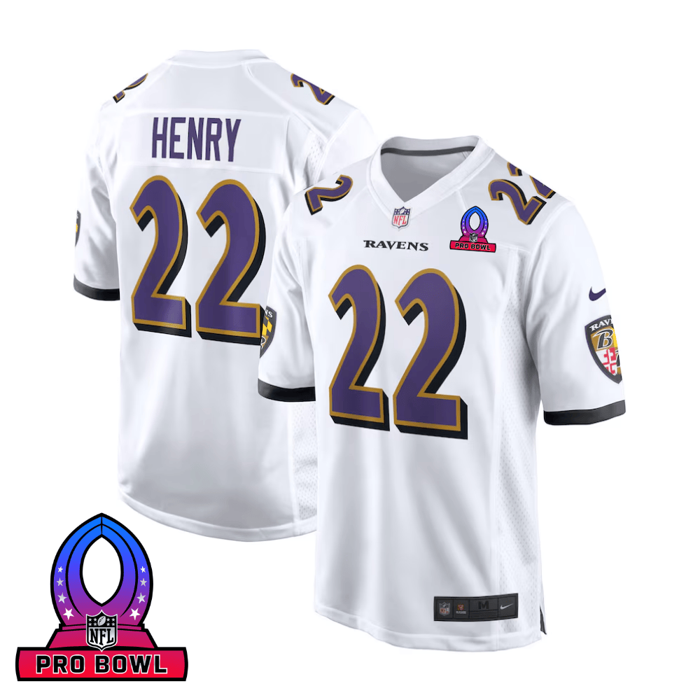 Derrick Henry 22 Baltimore Ravens 2025 Pro Bowl Patch Game Men Jersey - White JS7255 Saliibo