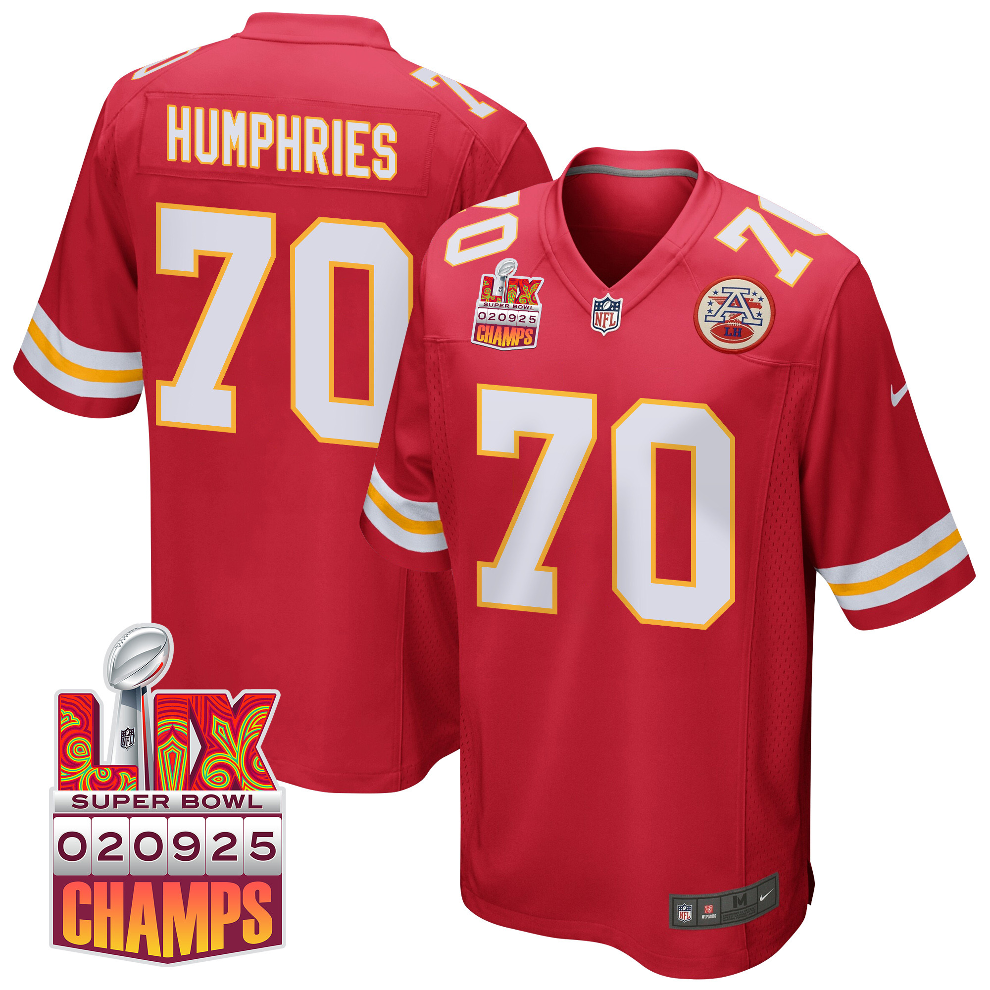 D.J. Humphries 70 Kansas City Chiefs Super Bowl LIX Champions Patch Game Men Jersey - Red JS1725 Saliibo