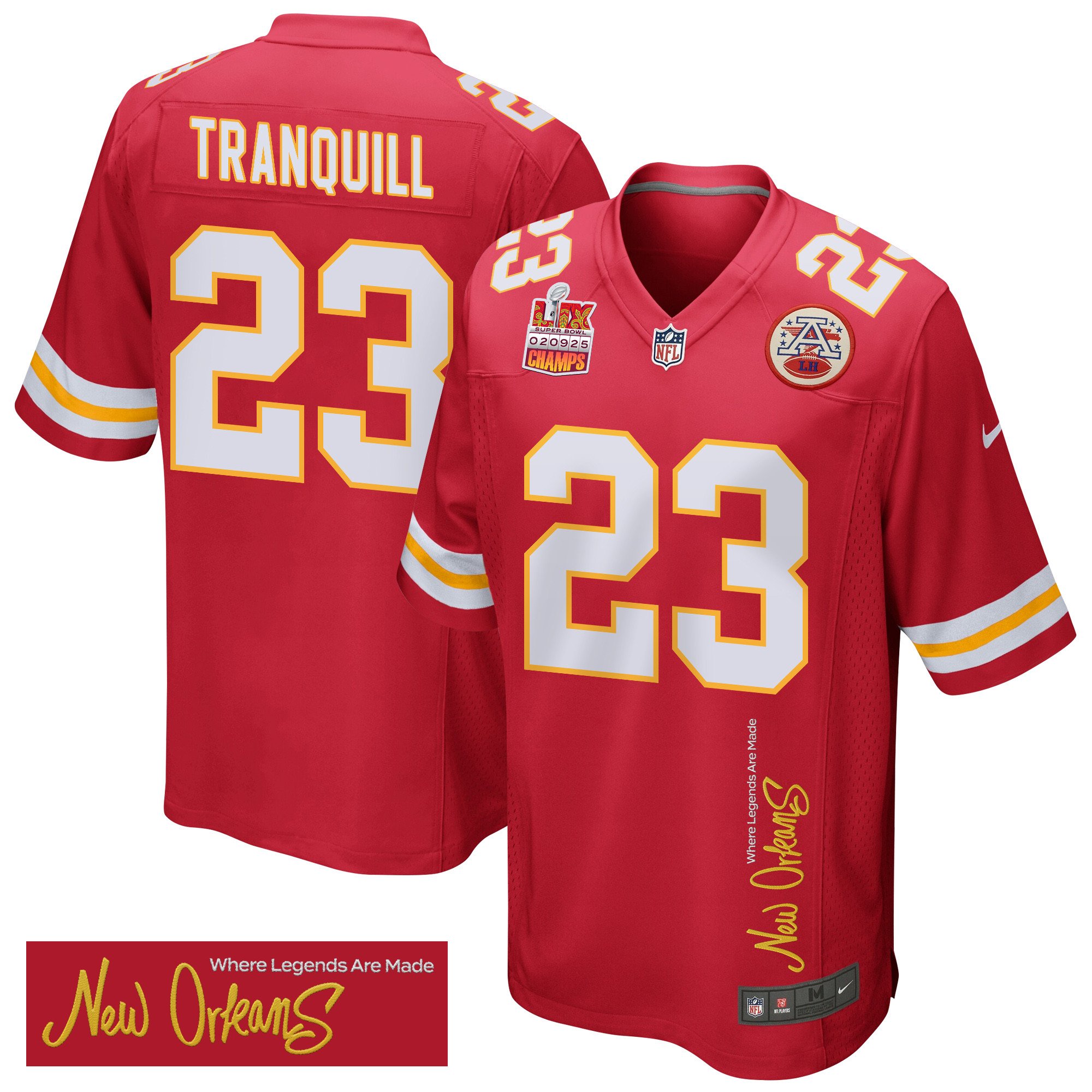 Drue Tranquill 23 Kansas City Chiefs Super Bowl LIX Champions Patch 'New Orleans - Where Legends Are Made' EMBROIDERED Game Men Jersey - Red JS5916 Saliibo