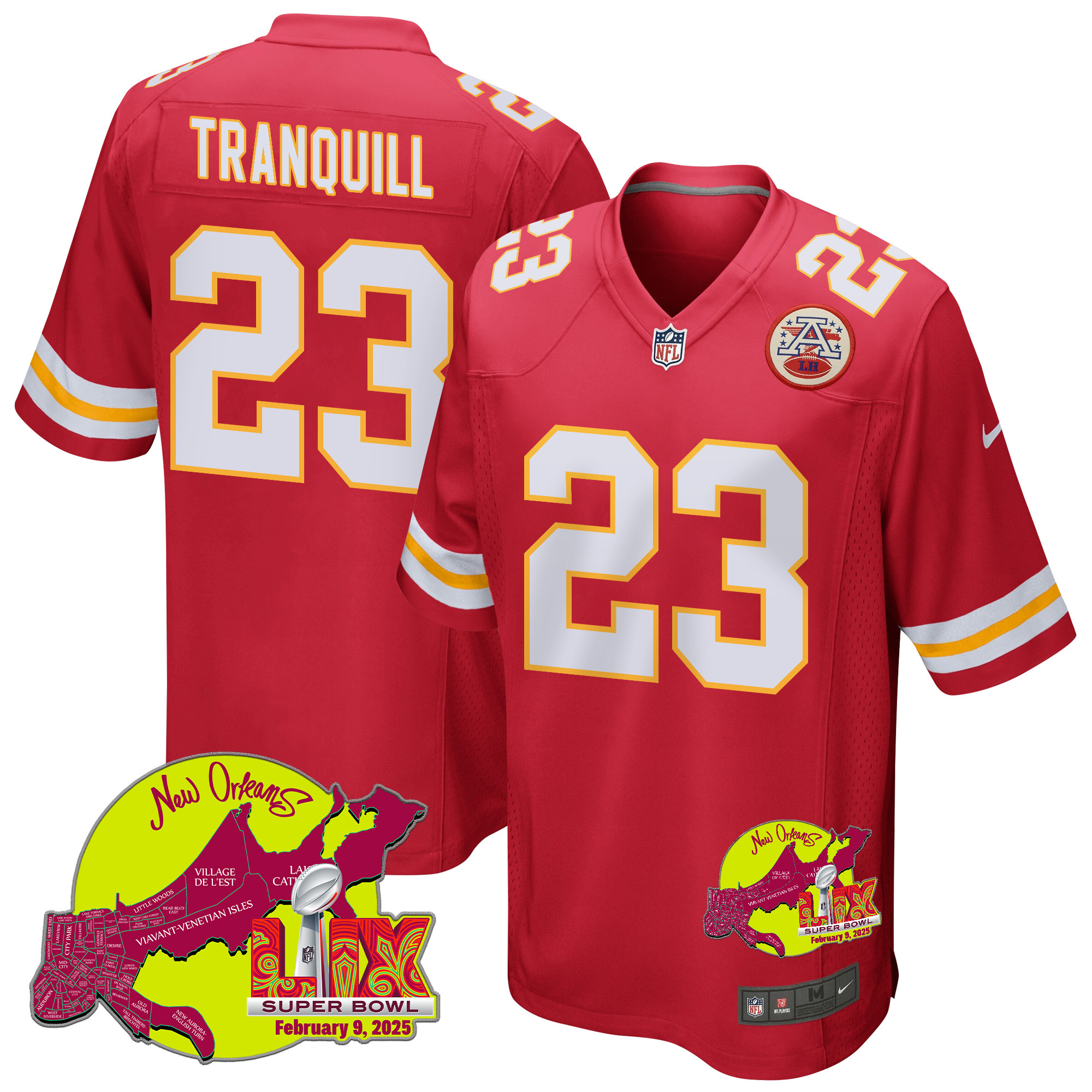 Drue Tranquill 23 Kansas City Chiefs Super Bowl LIX New Orleans Patch Game Men Jersey - Red JS9993 Saliibo