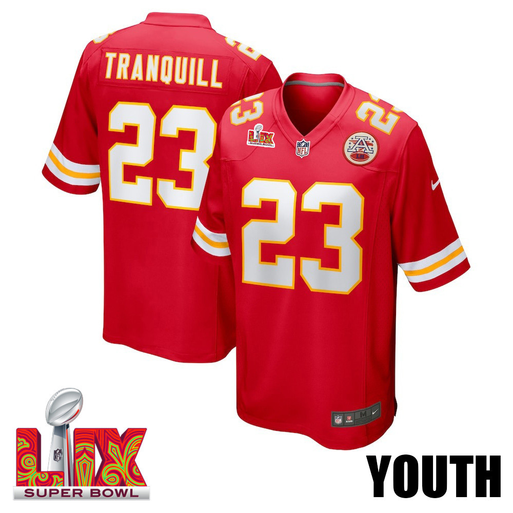 Drue Tranquill #23 Kansas City Chiefs Super Bowl LIX YOUTH Jersey - Red JS1125 Saliibo