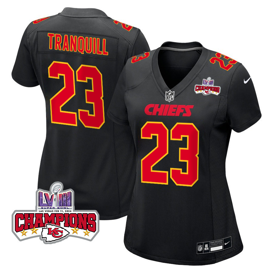 Drue Tranquill 23 Kansas City Chiefs Super Bowl LVIII Champions 4 Stars Patch Fashion Game Women Jersey - Carbon Black JS4860 Saliibo