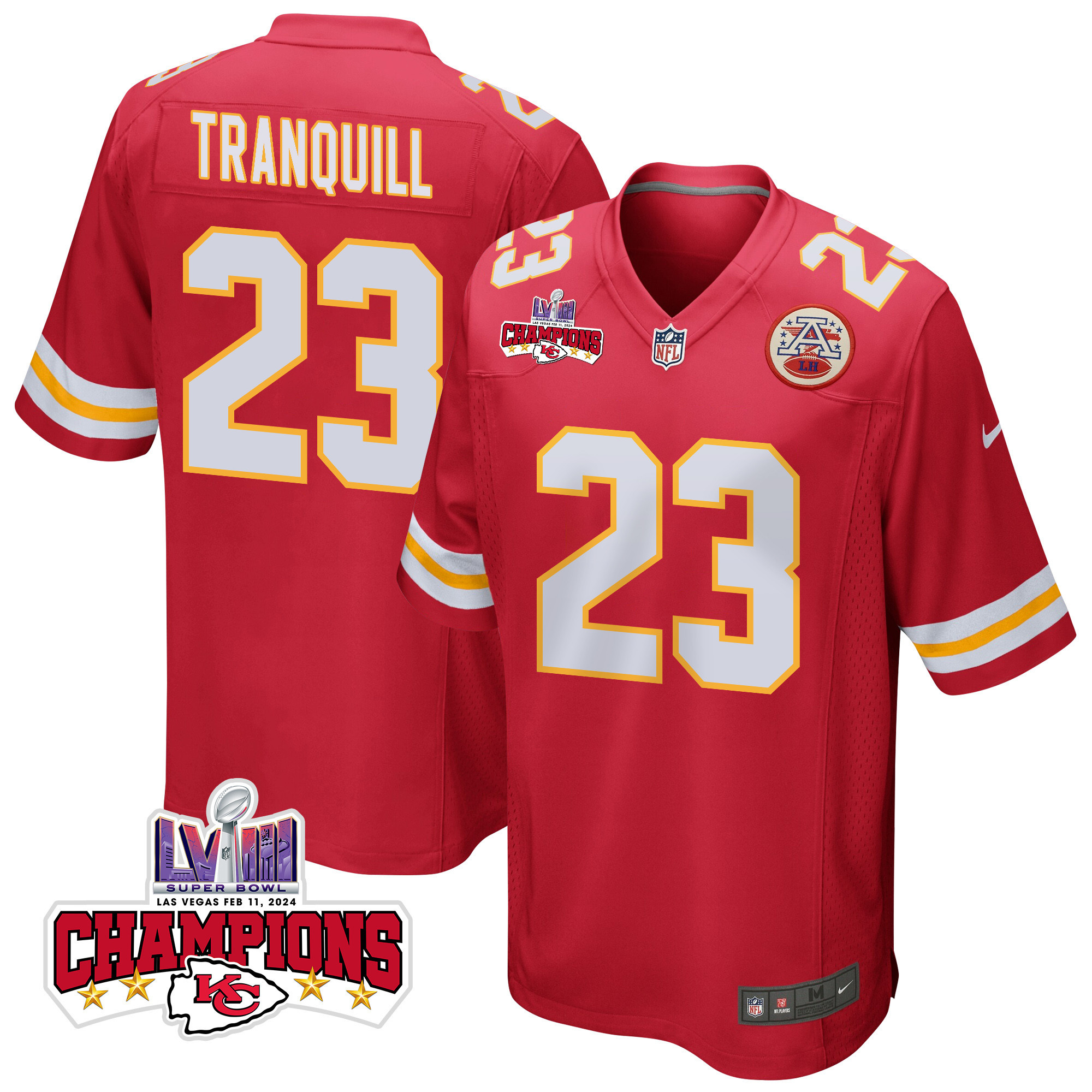 Drue Tranquill 23 Kansas City Chiefs Super Bowl LVIII Champions 4 Stars Patch Game Men Jersey - Red JS3828 Saliibo
