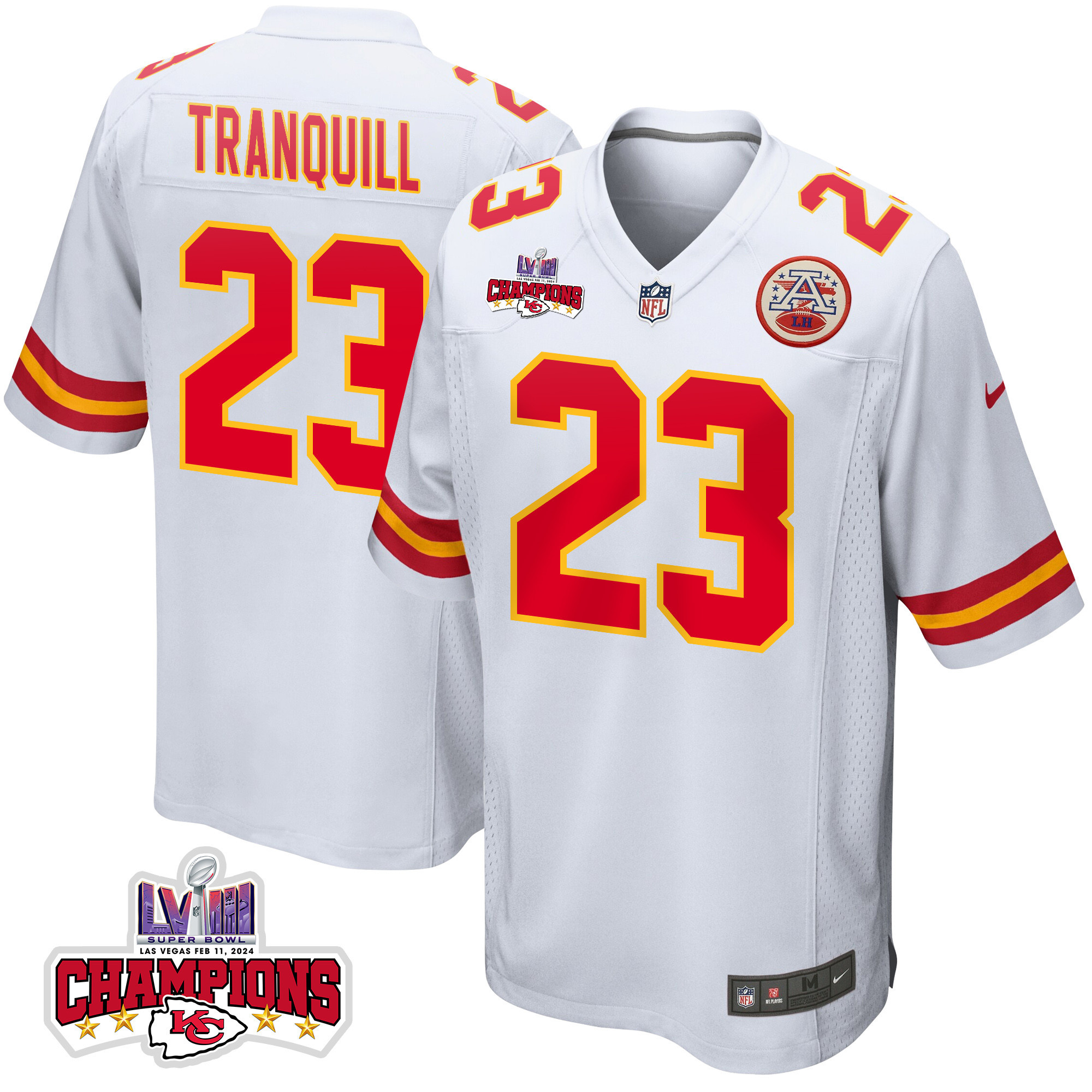 Drue Tranquill 23 Kansas City Chiefs Super Bowl LVIII Champions 4 Stars Patch Game Men Jersey - White JS6586 Saliibo