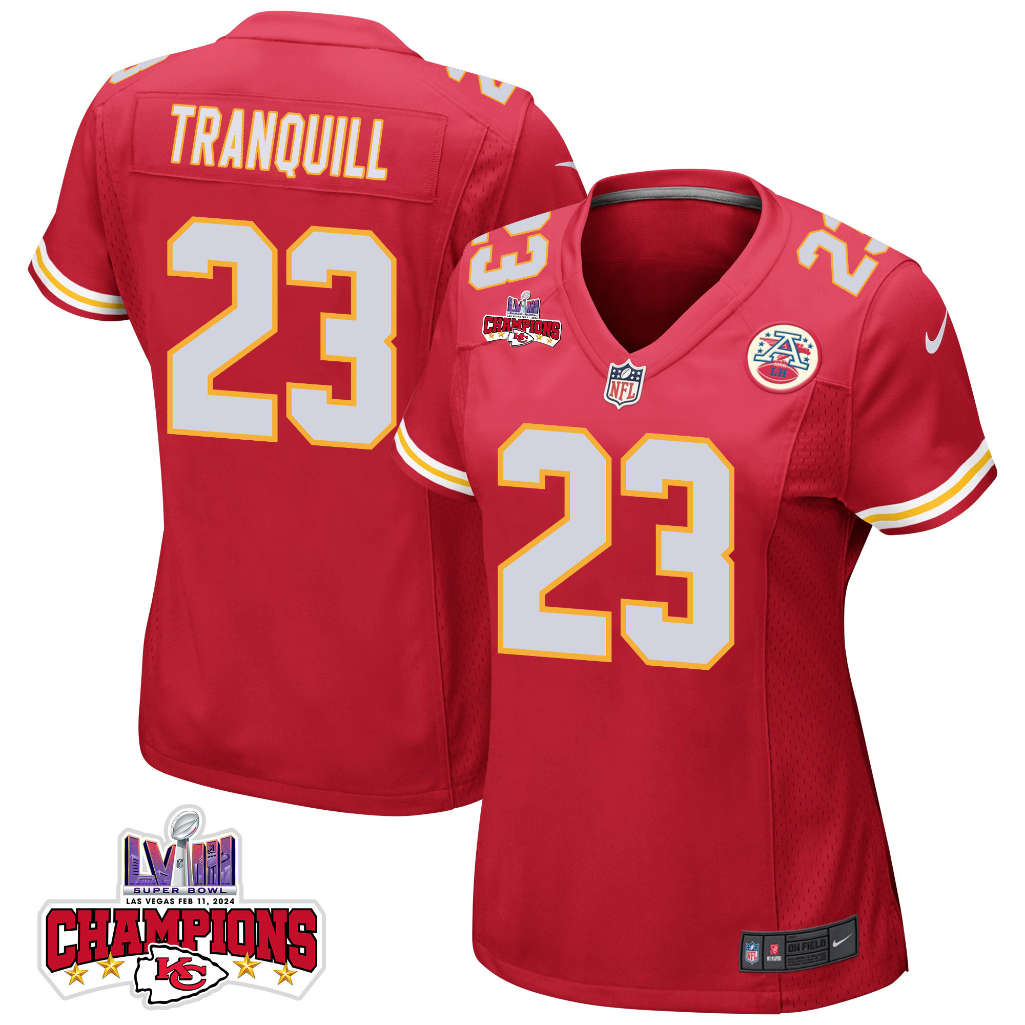 Drue Tranquill 23 Kansas City Chiefs Super Bowl LVIII Champions 4 Stars Patch Game Women Jersey - Red JS9260 Saliibo