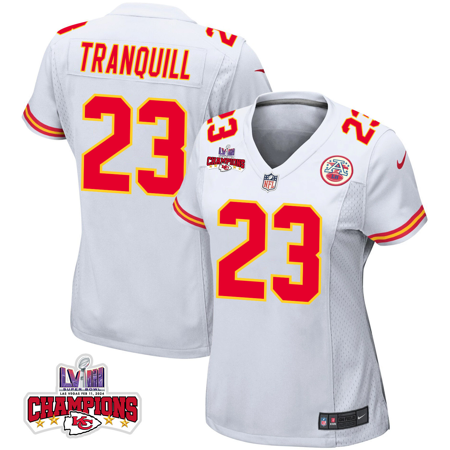 Drue Tranquill 23 Kansas City Chiefs Super Bowl LVIII Champions 4 Stars Patch Game Women Jersey - White JS2366 Saliibo