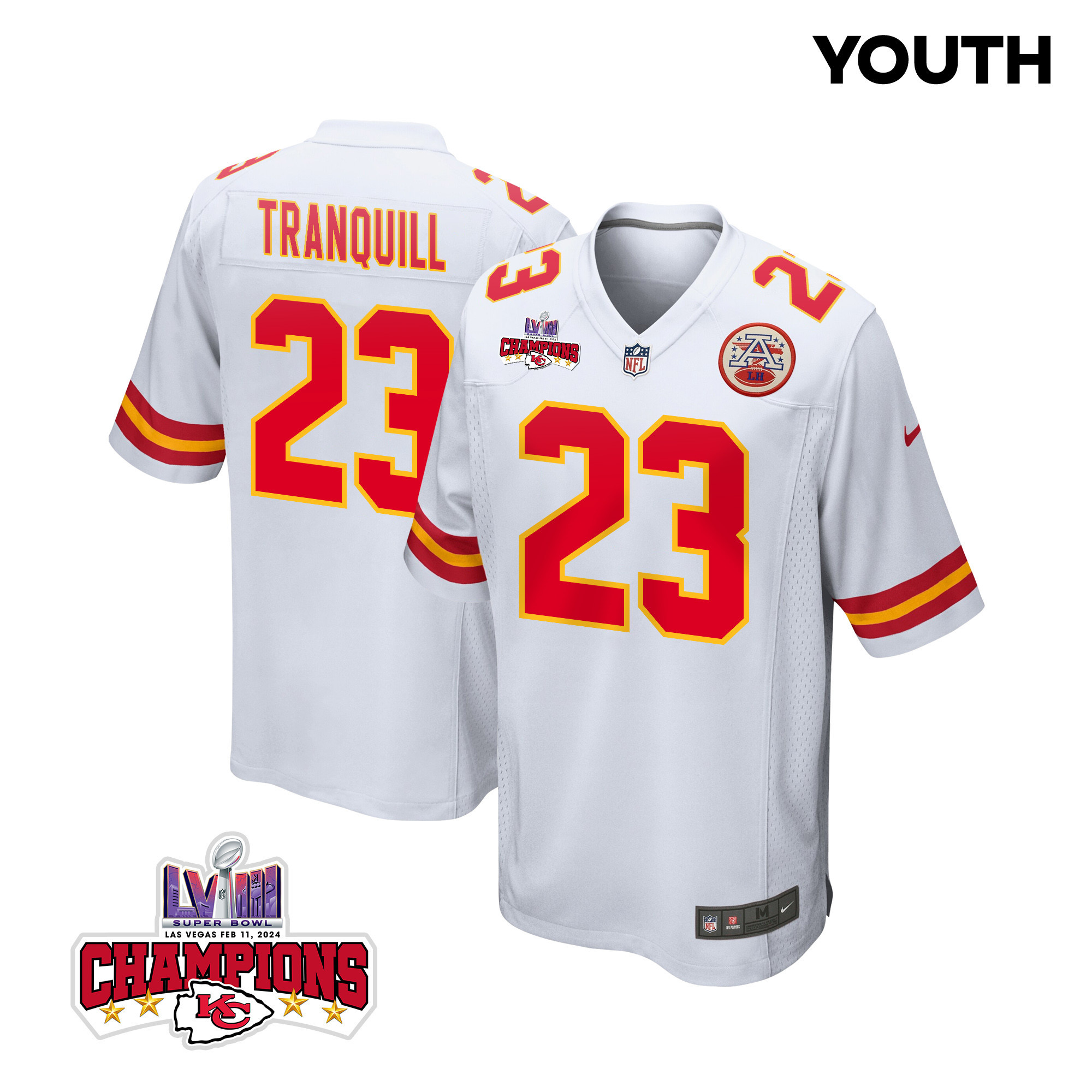 Drue Tranquill 23 Kansas City Chiefs Super Bowl LVIII Champions 4 Stars Patch Game YOUTH Jersey - White JS3218 Saliibo