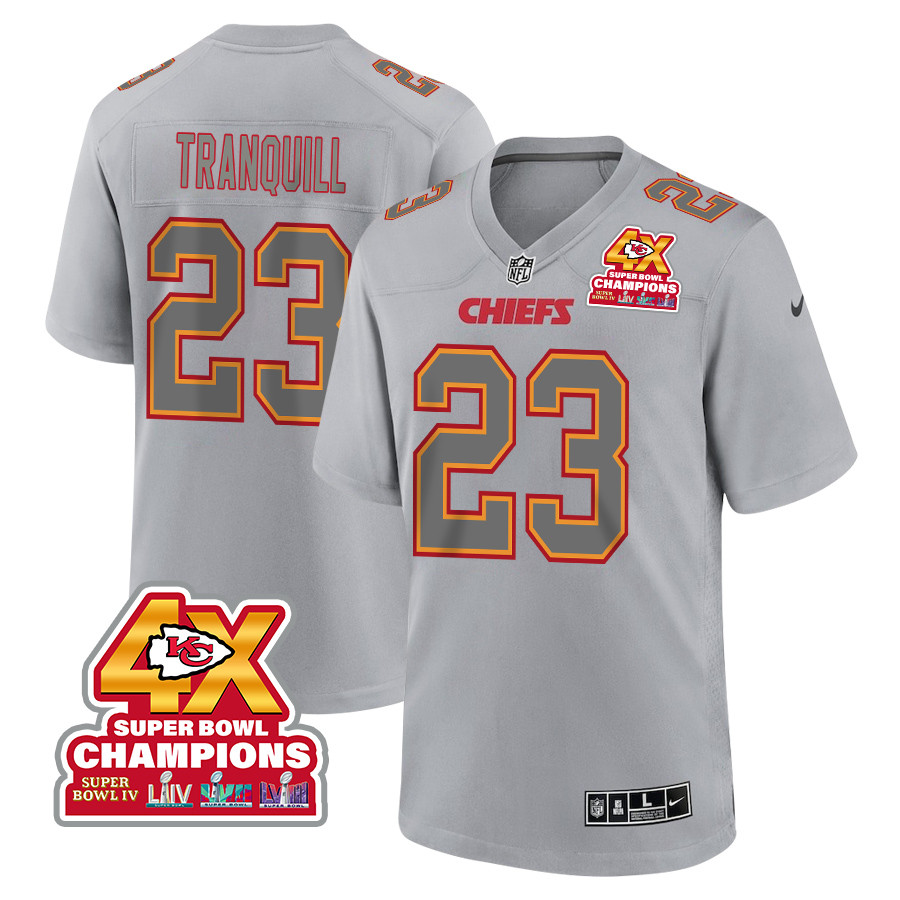 Drue Tranquill 23 Kansas City Chiefs Super Bowl LVIII Champions 4X Atmosphere Fashion Game Men Jersey - Gray JS2563 Saliibo