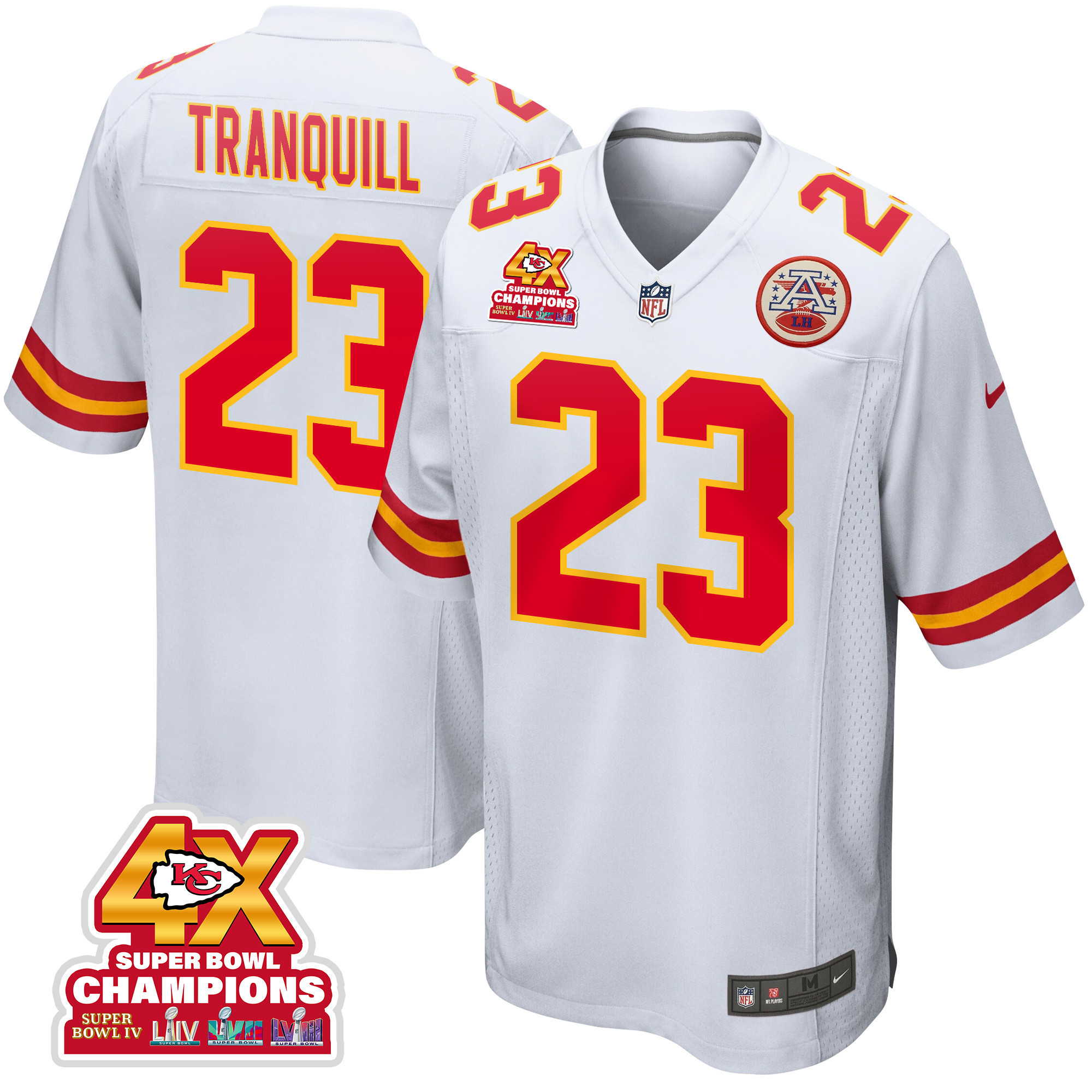 Drue Tranquill 23 Kansas City Chiefs Super Bowl LVIII Champions 4X Game Men Jersey - White JS7299 Saliibo