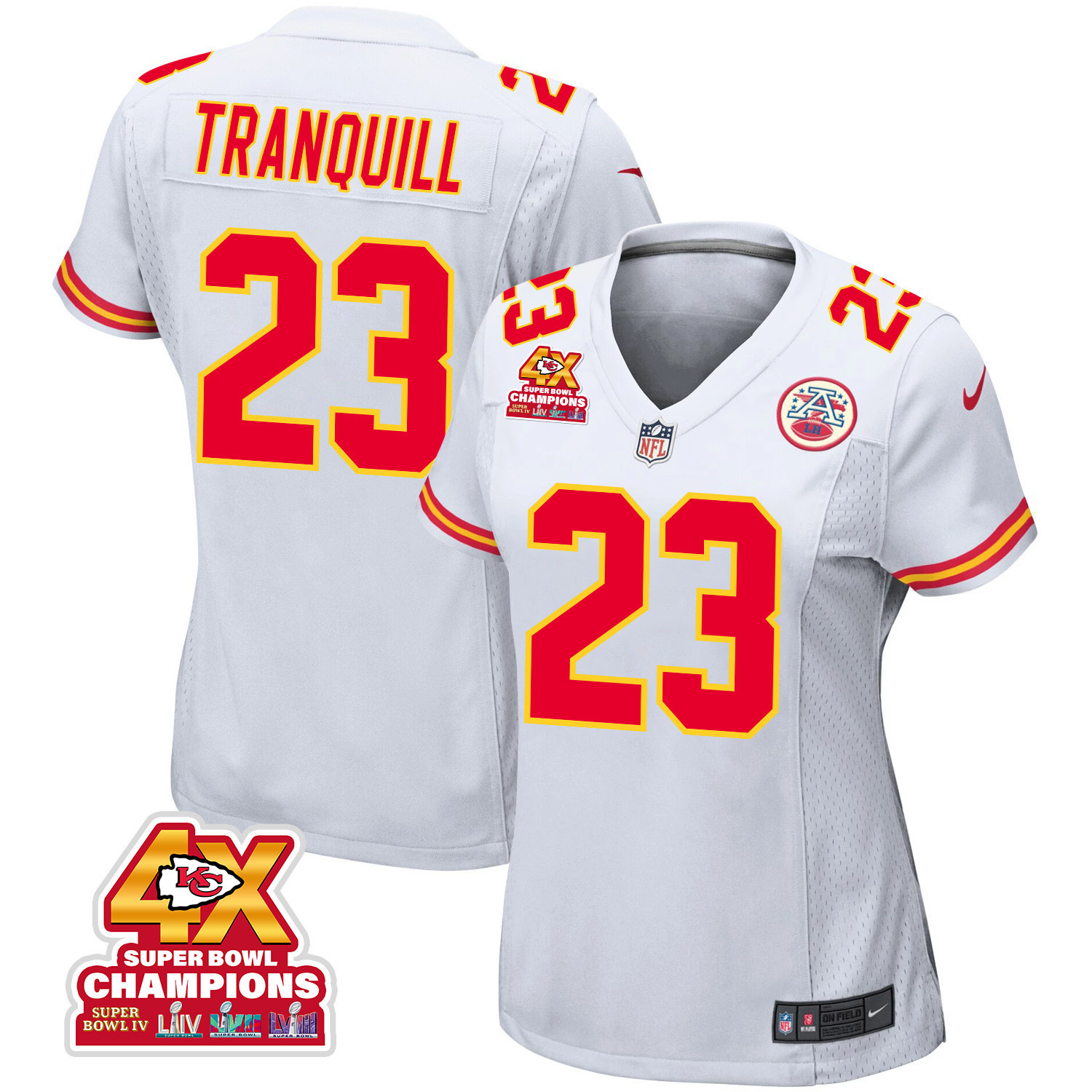 Drue Tranquill 23 Kansas City Chiefs Super Bowl LVIII Champions 4X Game Women Jersey - White JS4254 Saliibo