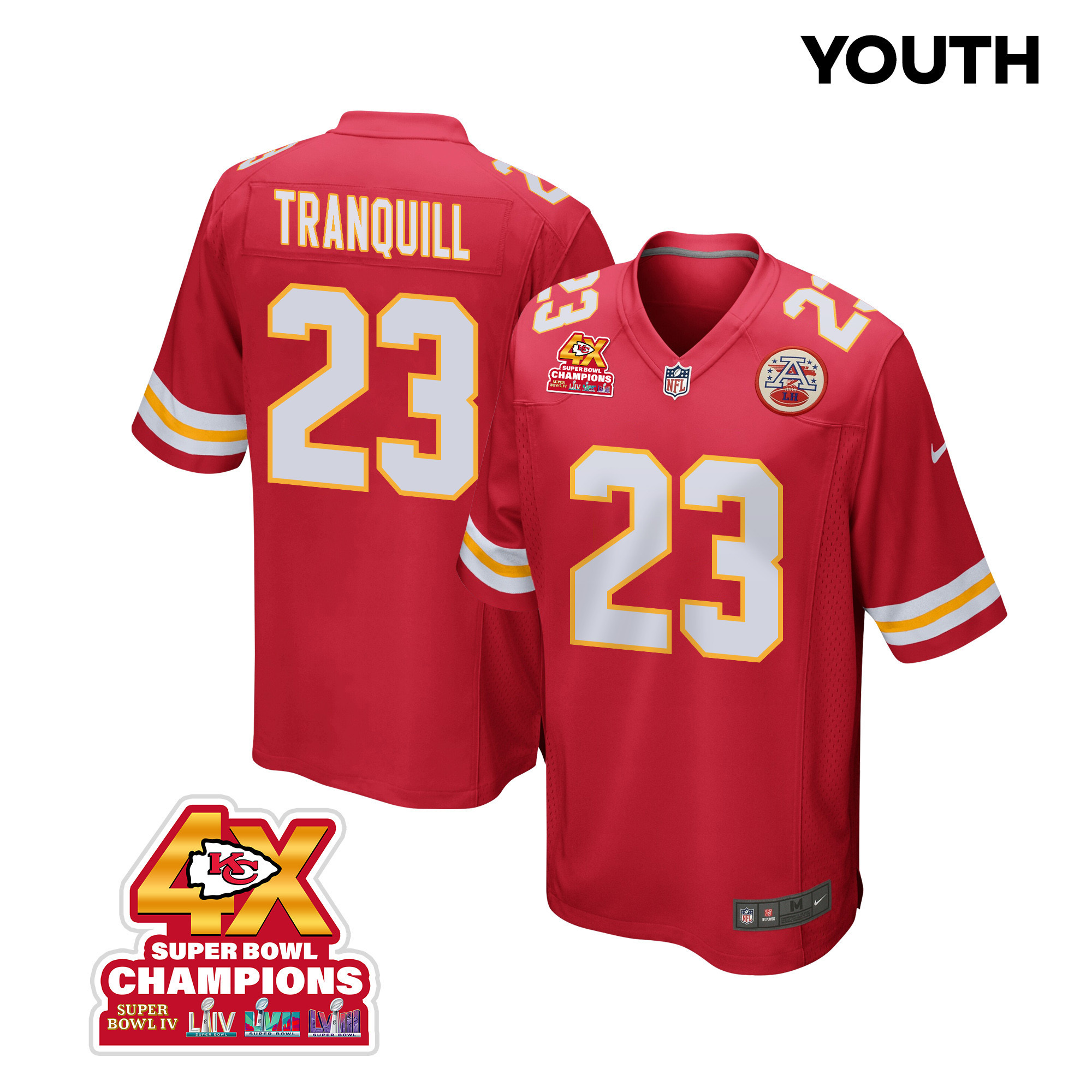 Drue Tranquill 23 Kansas City Chiefs Super Bowl LVIII Champions 4X Game YOUTH Jersey - Red JS7420 Saliibo