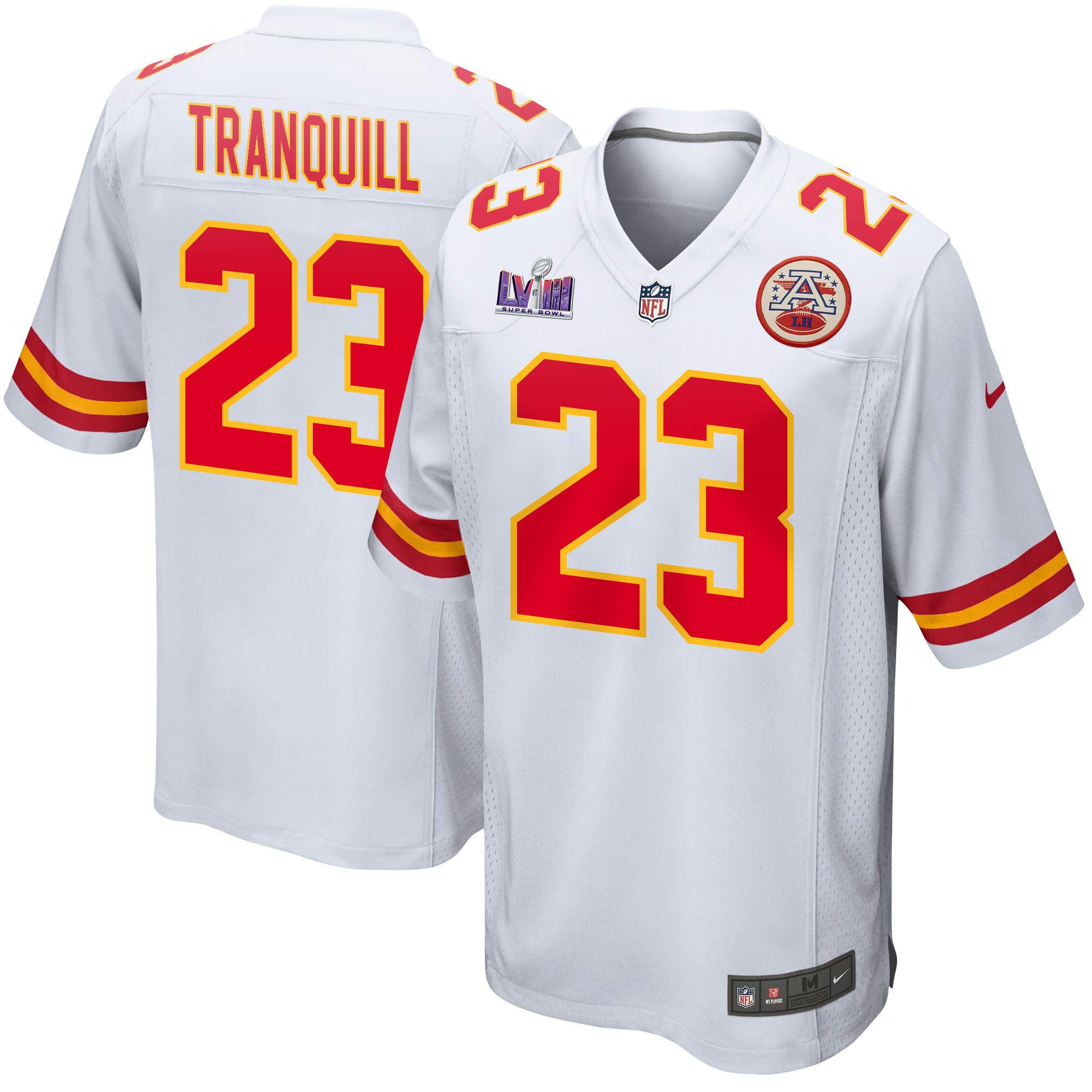 Drue Tranquill 23 Kansas City Chiefs Super Bowl LVIII Patch Game Men Jersey - White JS2427 Saliibo