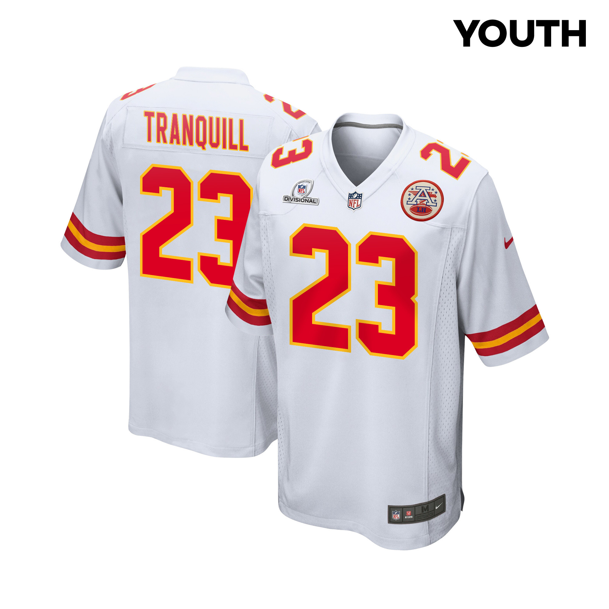 Drue Tranquill 23 Kansas City Chiefs Super Bowl LVIII Patch Game YOUTH Jersey - White JS9946 Saliibo