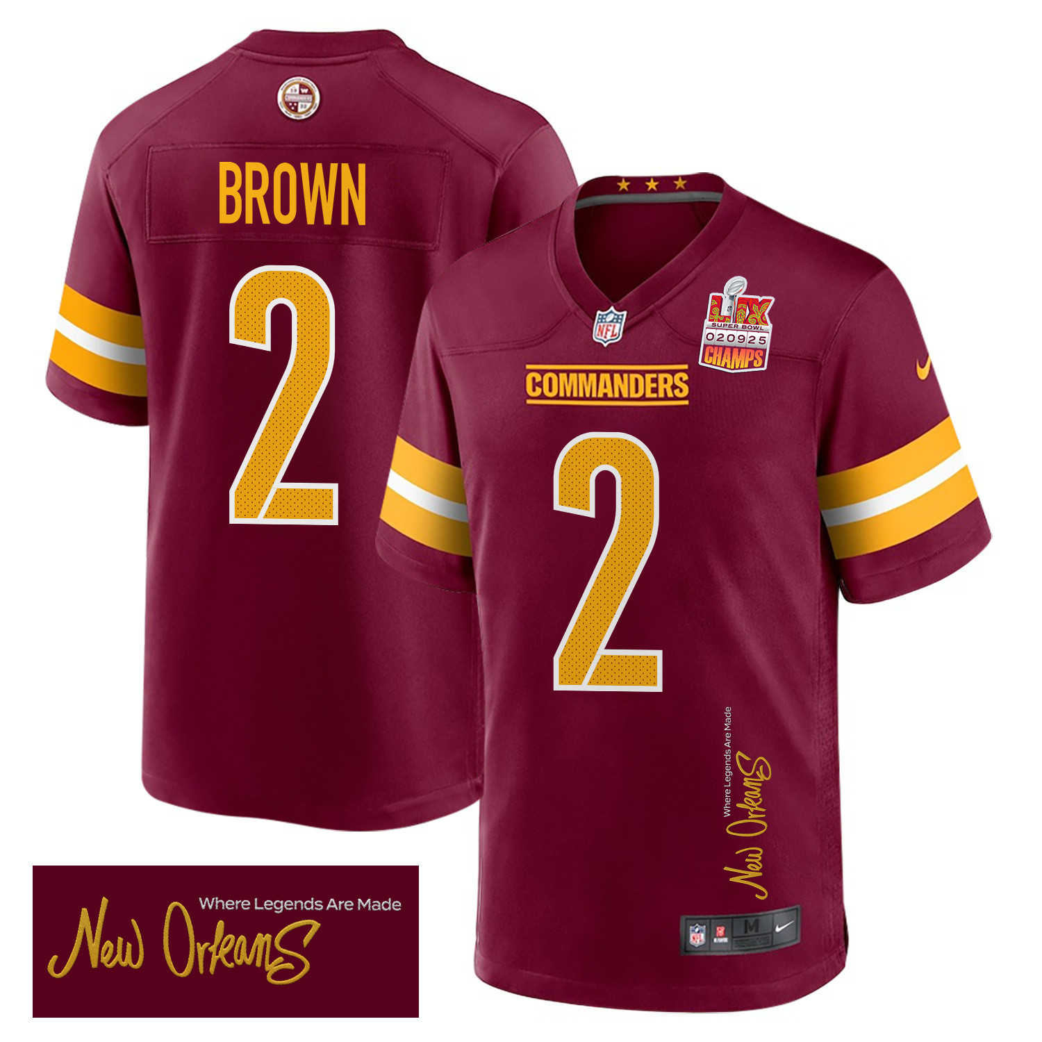 Dyami Brown 2 Washington Commanders Super Bowl LIX Champions Patch 'New Orleans - Where Legends Are Made' EMBROIDERED Game Men Jersey - Burgundy JS7665 Saliibo
