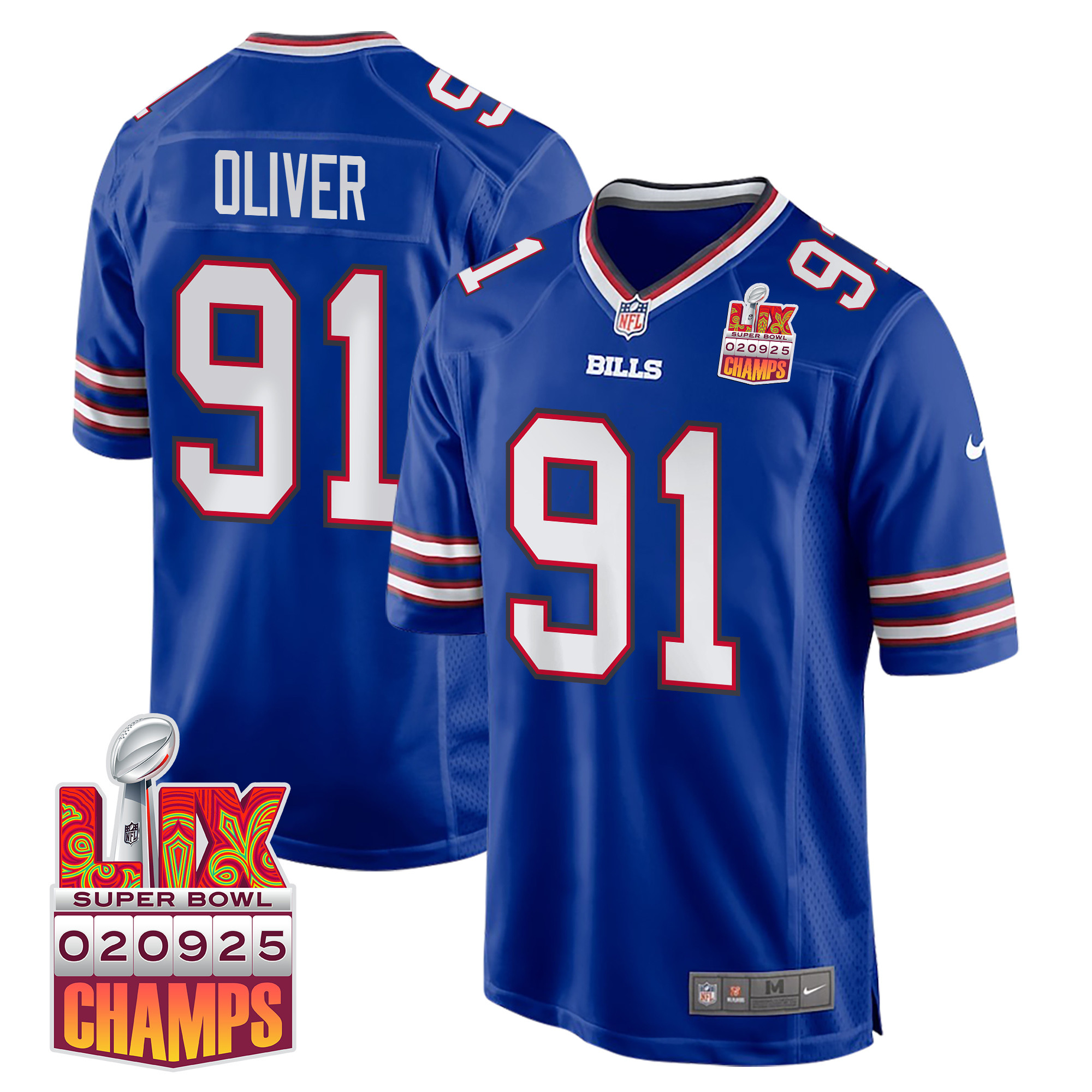 Ed Oliver 91 Buffalo Bills Super Bowl LIX Champions Patch Game Men Jersey - Royal JS8327 Saliibo