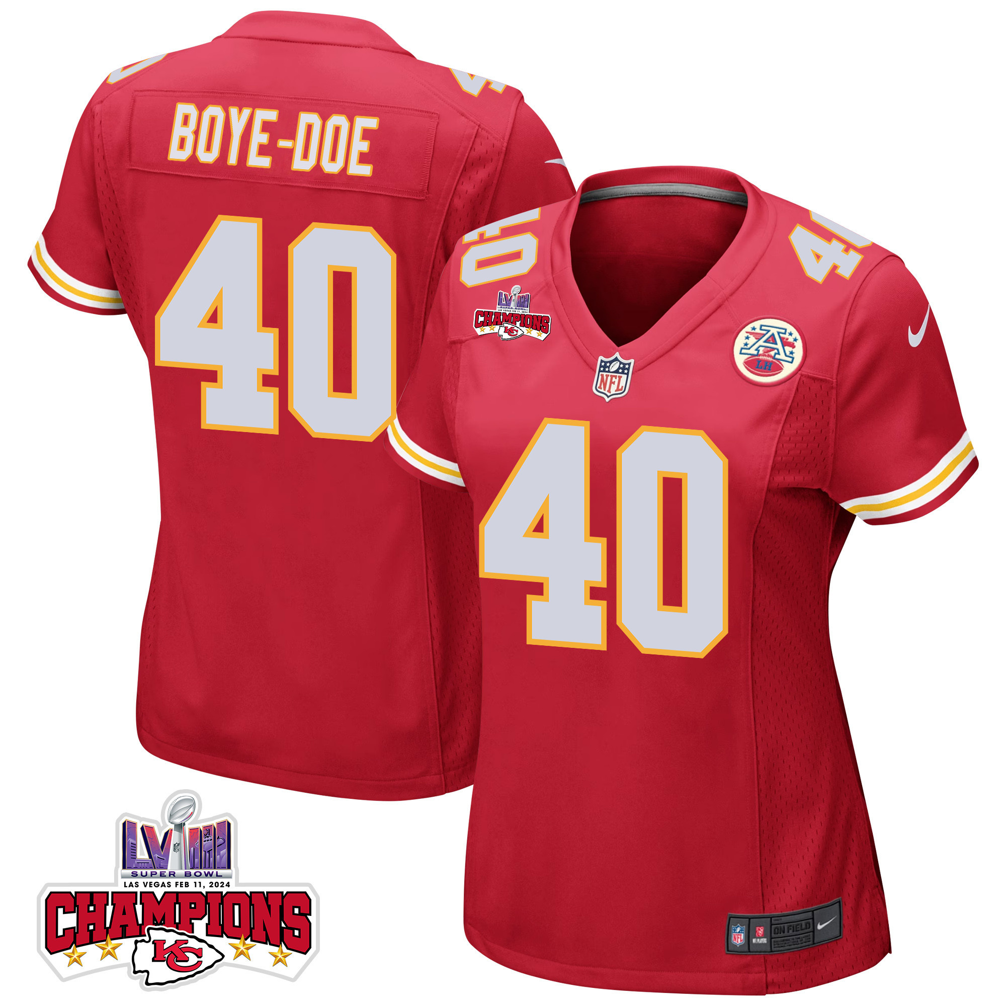 Ekow Boye-Doe 40 Kansas City Chiefs Super Bowl LVIII Champions 4 Stars Patch Game Women Jersey - Red JS6351 Saliibo