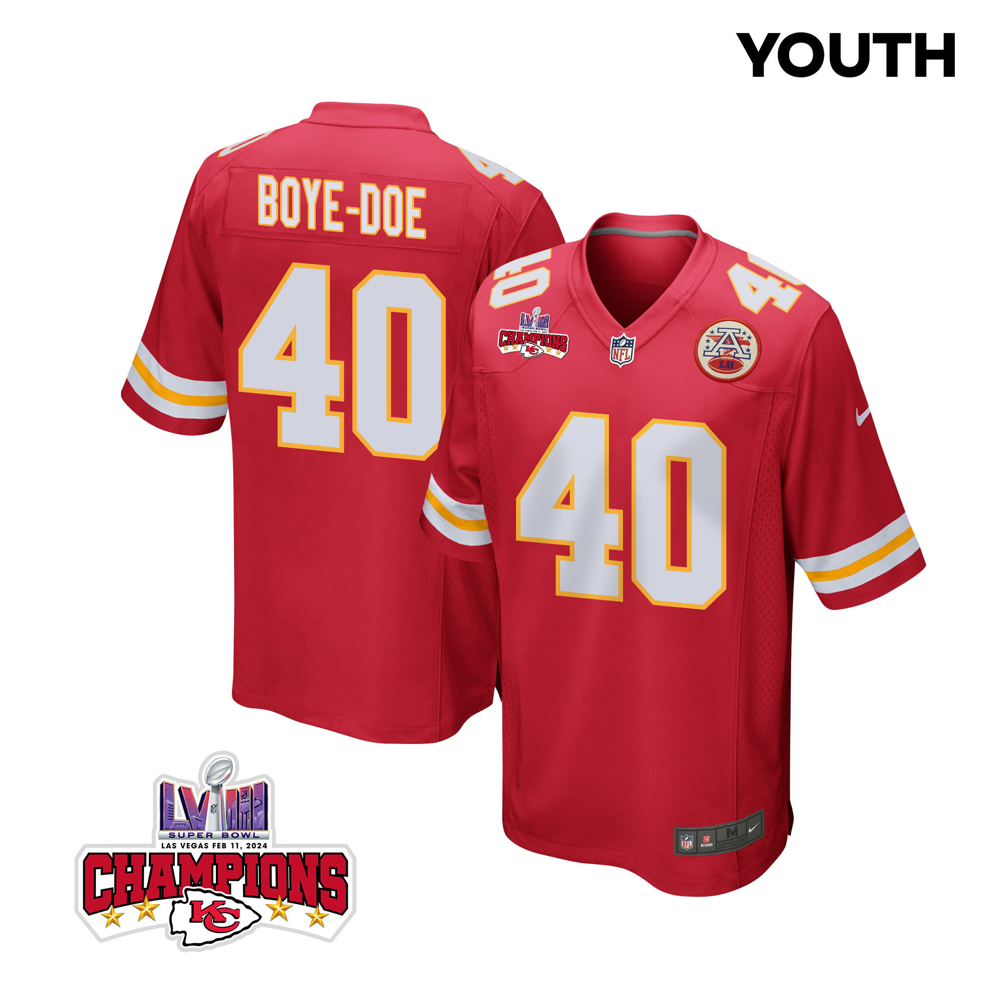 Ekow Boye-Doe 40 Kansas City Chiefs Super Bowl LVIII Champions 4 Stars Patch Game YOUTH Jersey - Red JS4833 Saliibo