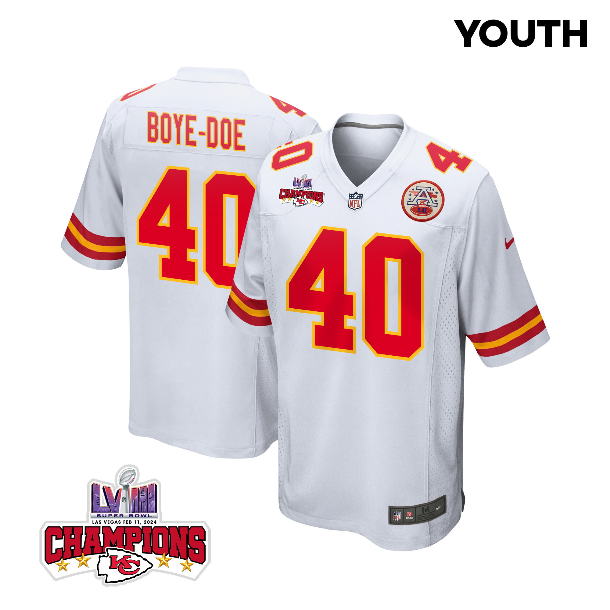 Ekow Boye-Doe 40 Kansas City Chiefs Super Bowl LVIII Champions 4 Stars Patch Game YOUTH Jersey - White JS4946 Saliibo