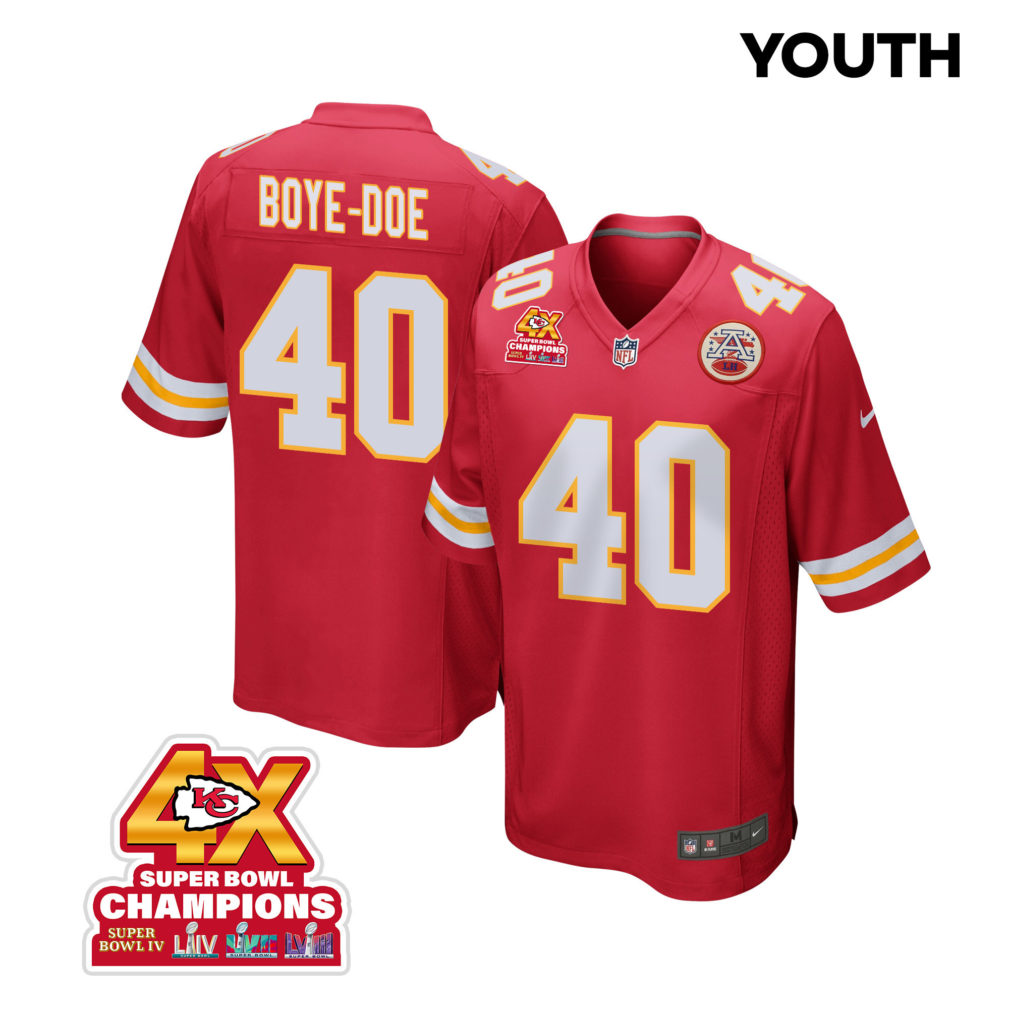 Ekow Boye-Doe 40 Kansas City Chiefs Super Bowl LVIII Champions 4X Game YOUTH Jersey - Red JS9456 Saliibo