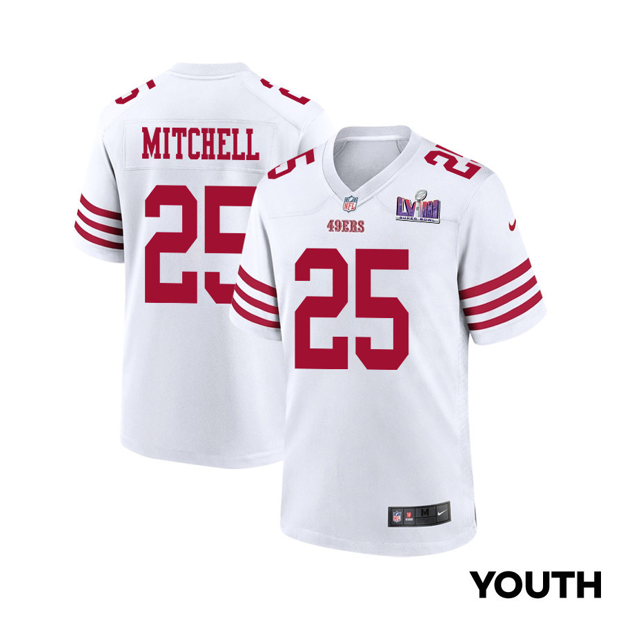 Elijah Mitchell 25 San Francisco 49ers Super Bowl LVIII Patch Game YOUTH Jersey - White JS2651 Saliibo