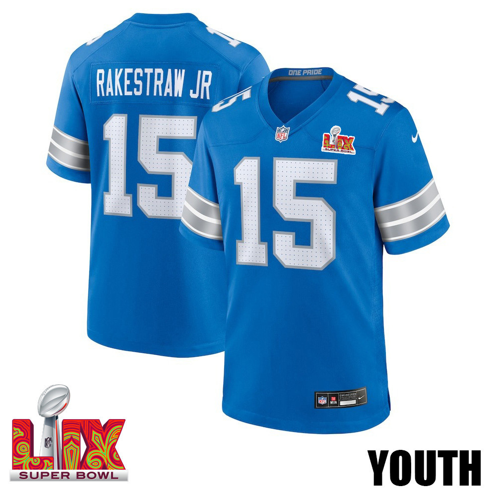 Ennis Rakestraw Jr. #15 Detroit Lions Super Bowl LIX YOUTH Jersey - Blue JS3327 Saliibo