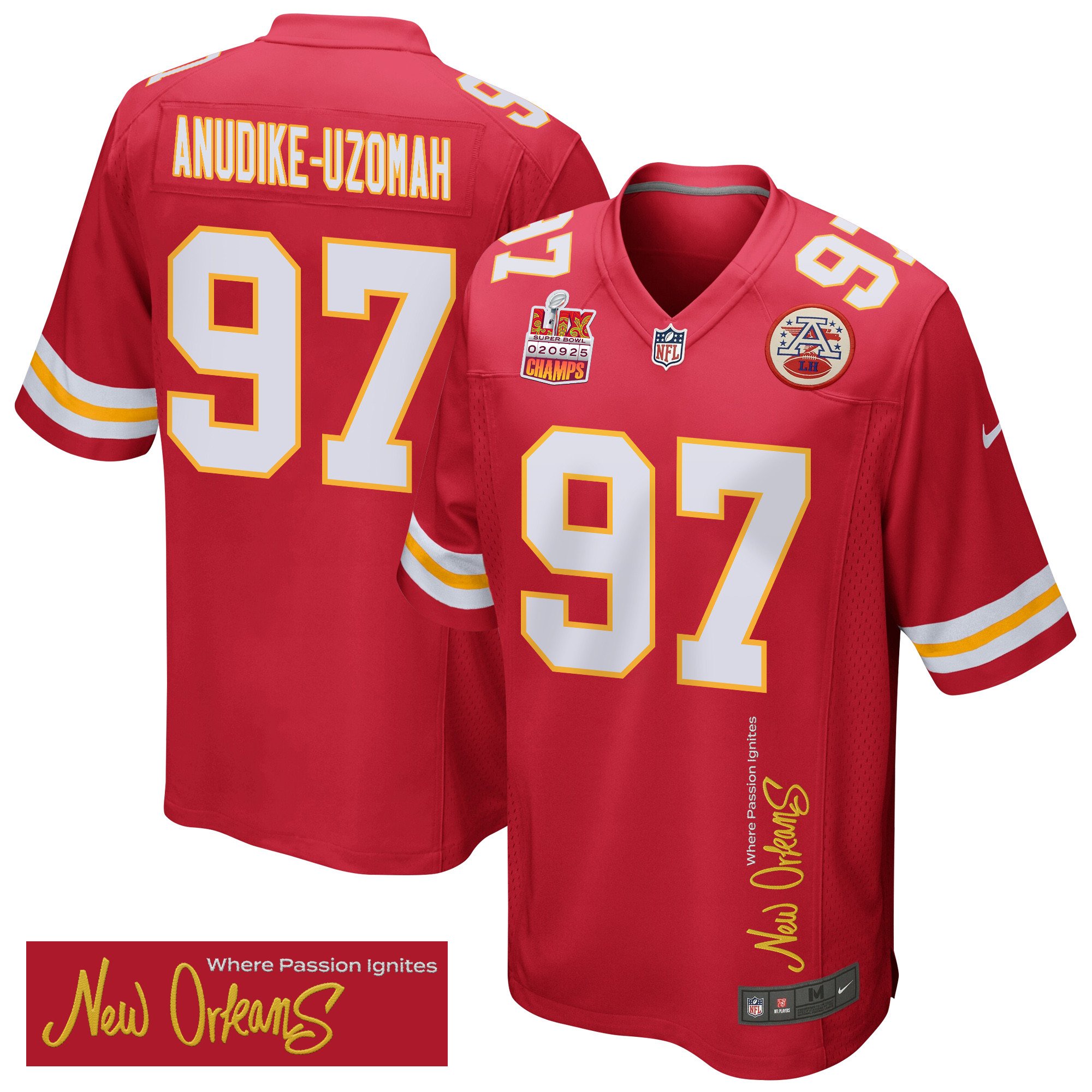 Felix Anudike-Uzomah 97 Kansas City Chiefs Super Bowl LIX Champions Patch 'New Orleans - Where Passion Ignites' EMBROIDERED Game Men Jersey - Red JS9381 Saliibo