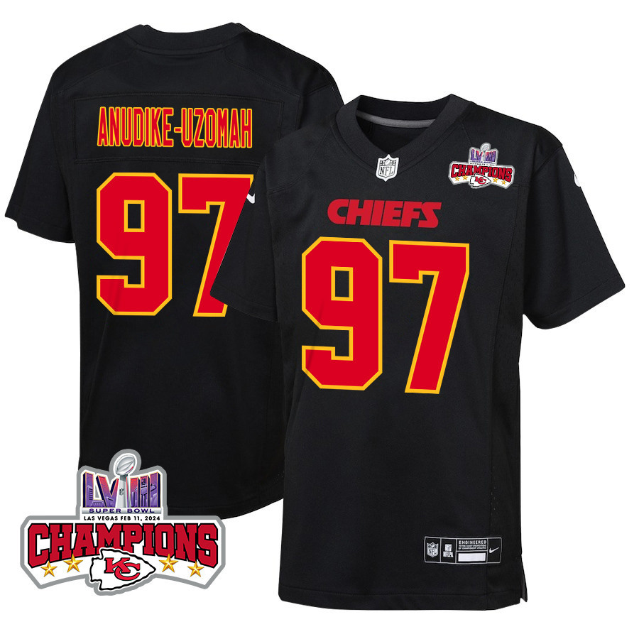 Felix Anudike-Uzomah 97 Kansas City Chiefs Super Bowl LVIII Champions 4 Stars Patch Fashion Game YOUTH Jersey - Carbon Black JS9763 Saliibo