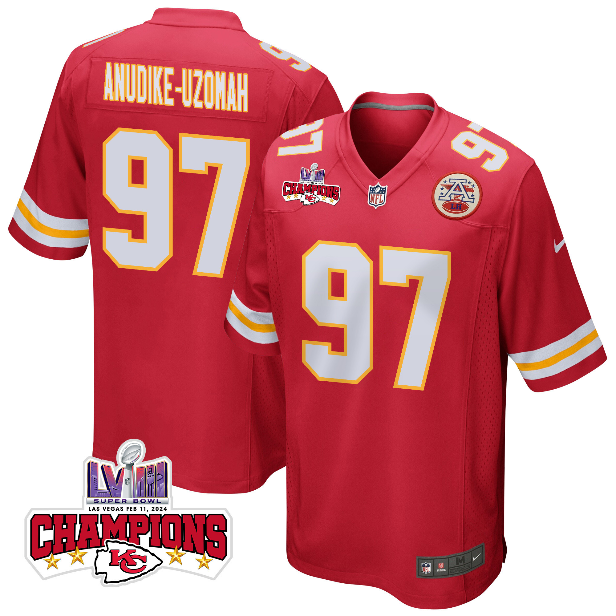 Felix Anudike-Uzomah 97 Kansas City Chiefs Super Bowl LVIII Champions 4 Stars Patch Game Men Jersey - Red JS9466 Saliibo