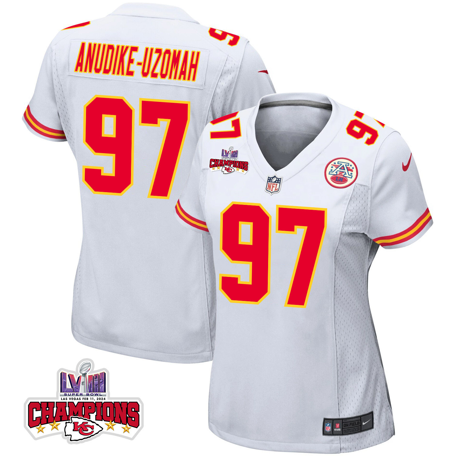 Felix Anudike-Uzomah 97 Kansas City Chiefs Super Bowl LVIII Champions 4 Stars Patch Game Women Jersey - White JS1785 Saliibo