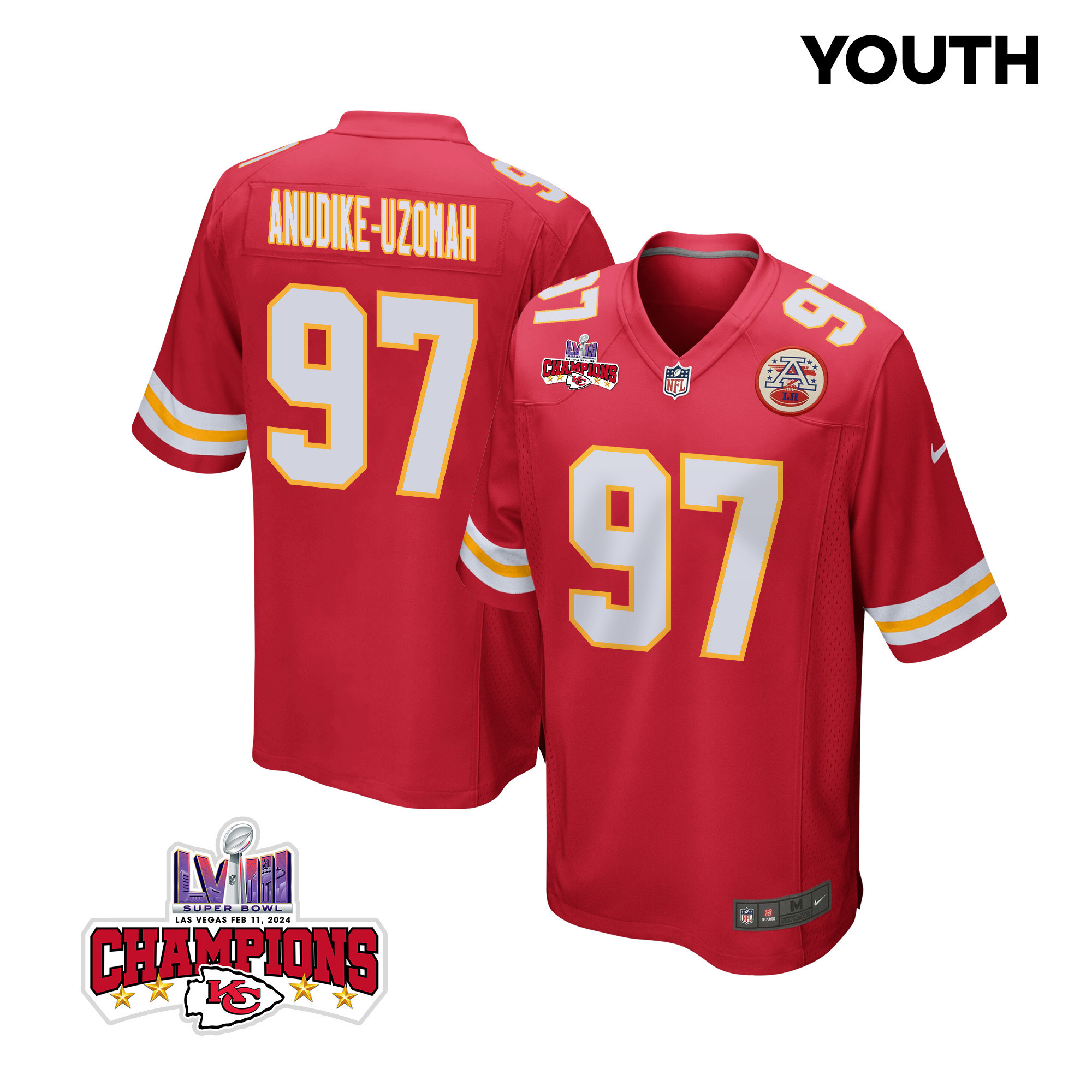 Felix Anudike-Uzomah 97 Kansas City Chiefs Super Bowl LVIII Champions 4 Stars Patch Game YOUTH Jersey - Red JS3971 Saliibo
