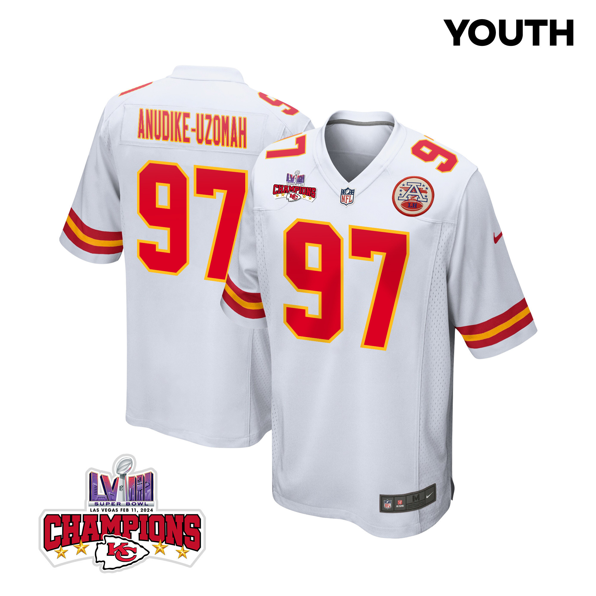 Felix Anudike-Uzomah 97 Kansas City Chiefs Super Bowl LVIII Champions 4 Stars Patch Game YOUTH Jersey - White JS2954 Saliibo