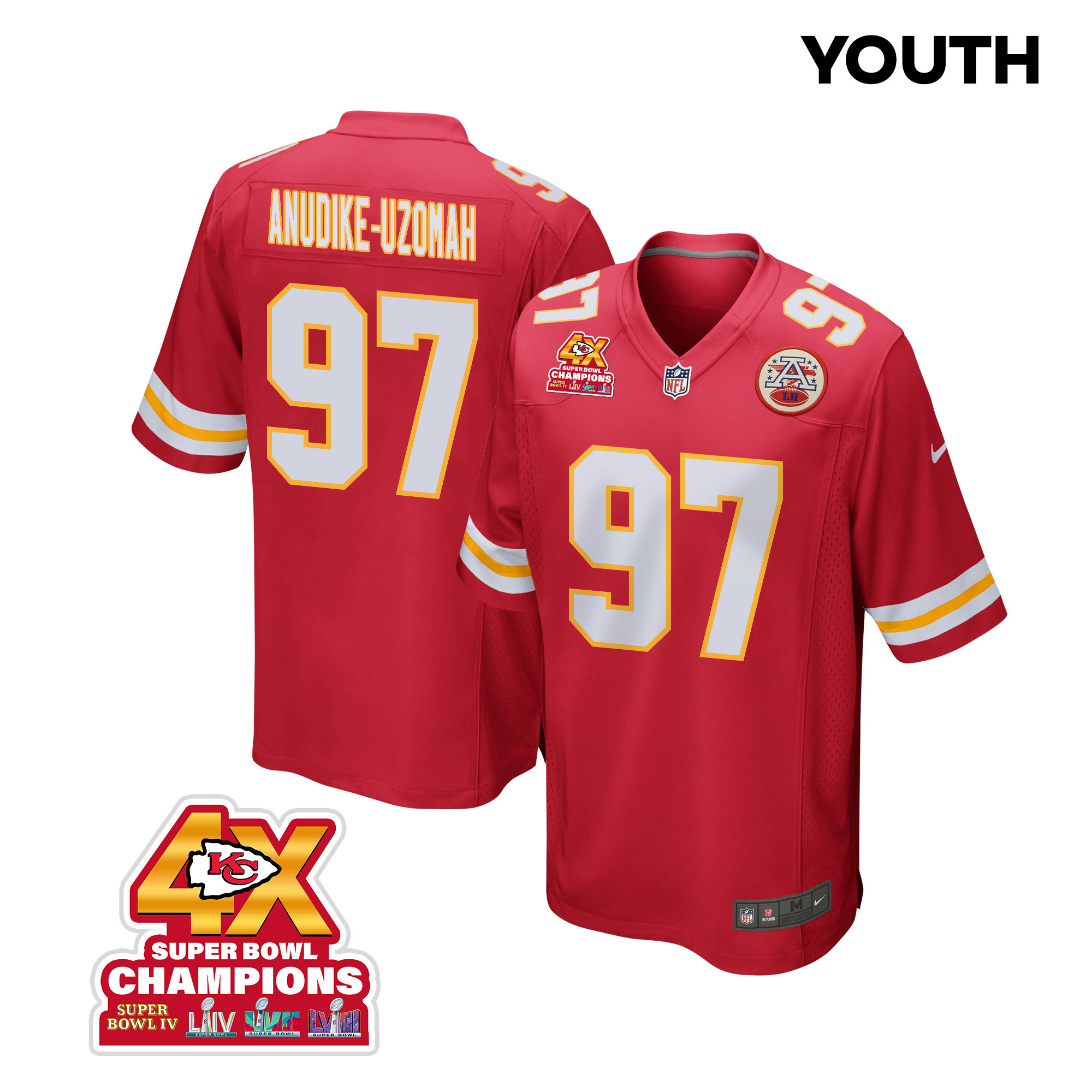 Felix Anudike-Uzomah 97 Kansas City Chiefs Super Bowl LVIII Champions 4X Game YOUTH Jersey - Red JS3852 Saliibo