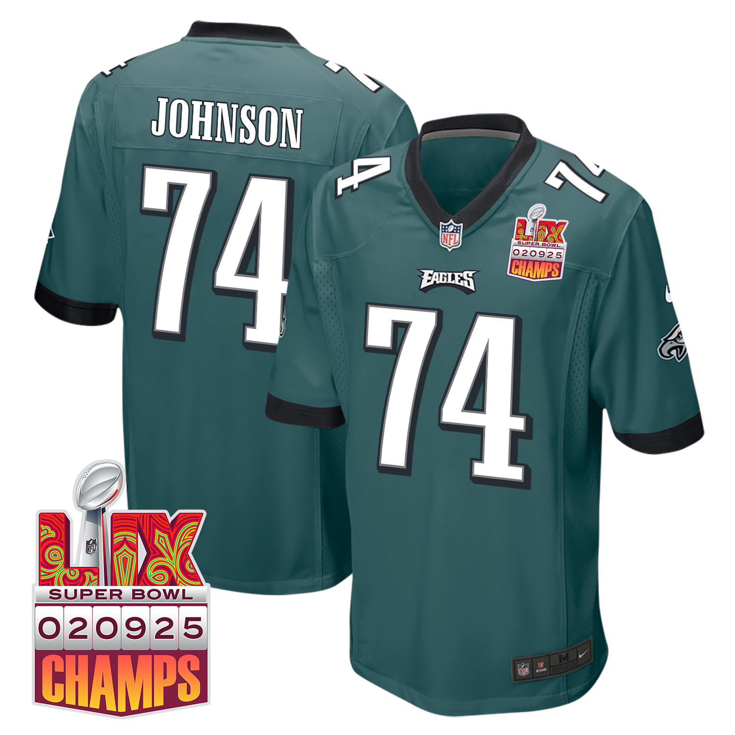 Fred Johnson 74 Philadelphia Eagles Super Bowl LIX Champions Patch Game Men Jersey - Midnight Green JS3704 Saliibo