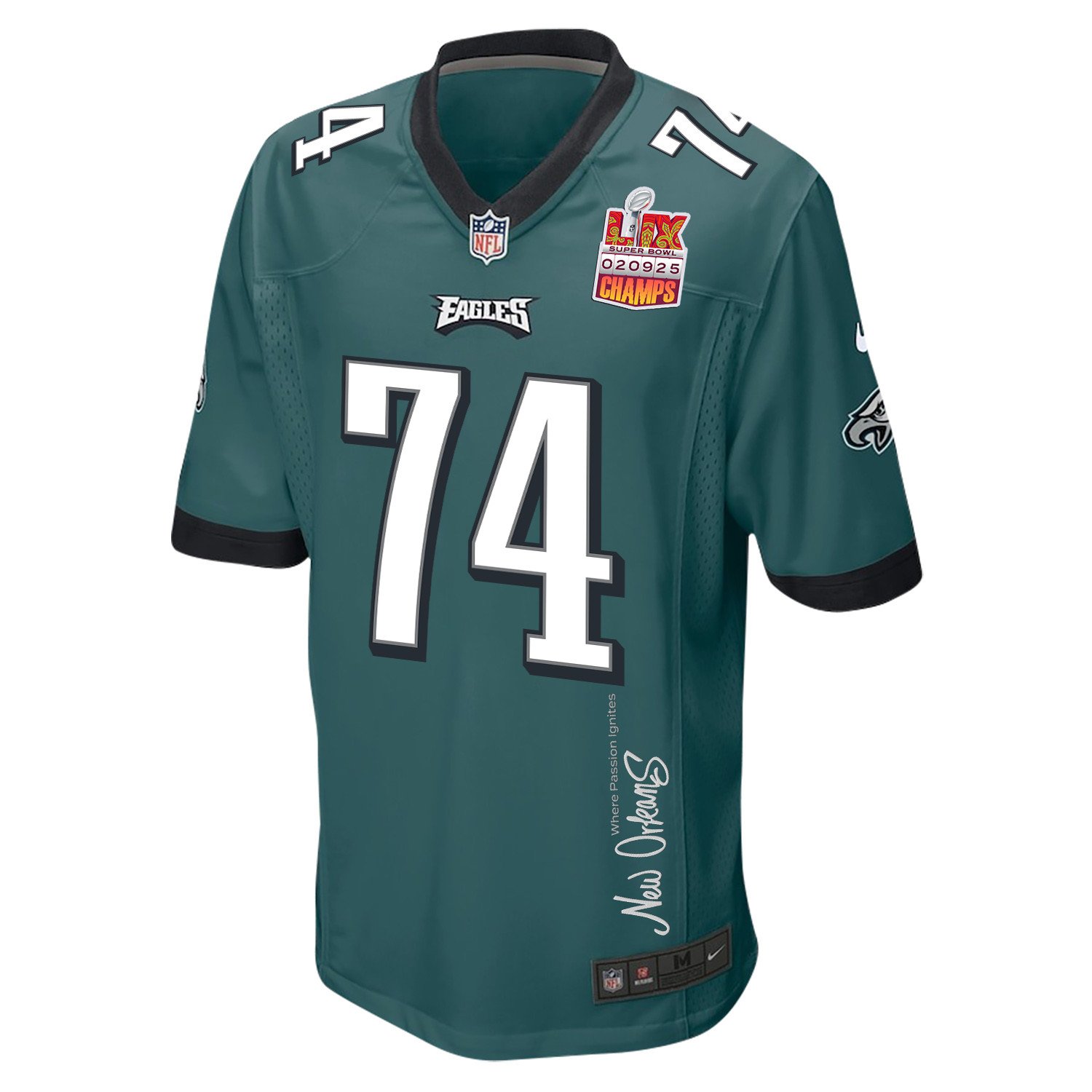 Fred Johnson 74 Philadelphia Eagles Super Bowl LIX Champions Patch 'New Orleans - Where Passion Ignites' EMBROIDERED Game Men Jersey - Midnight Green JS9486 Saliibo - Image 3