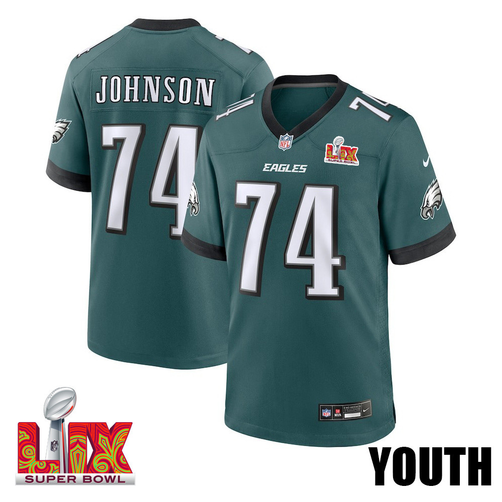 Fred Johnson #74 Philadelphia Eagles Super Bowl LIX YOUTH Jersey - Midnight Green JS9384 Saliibo