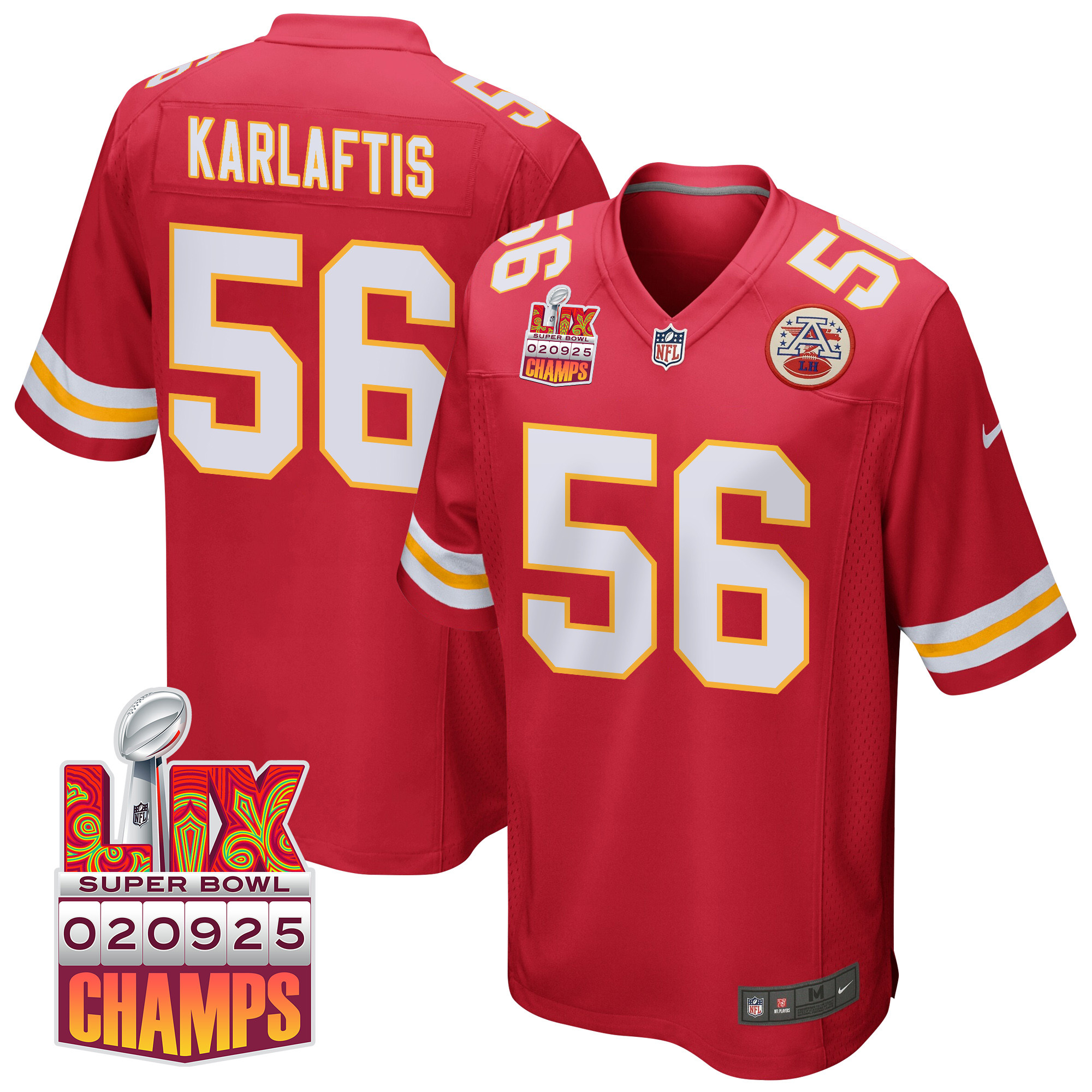 George Karlaftis 56 Kansas City Chiefs Super Bowl LIX Champions Patch Game Men Jersey - Red JS6556 Saliibo