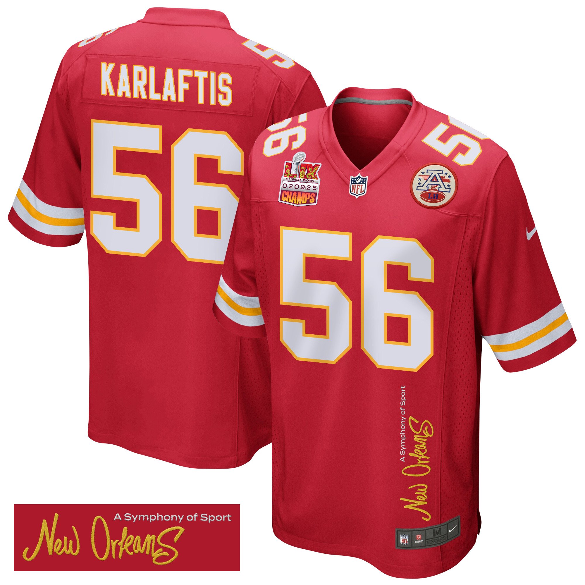 George Karlaftis 56 Kansas City Chiefs Super Bowl LIX Champions Patch 'New Orleans - A Symphony of Sport' EMBROIDERED Game Men Jersey - Red JS2768 Saliibo