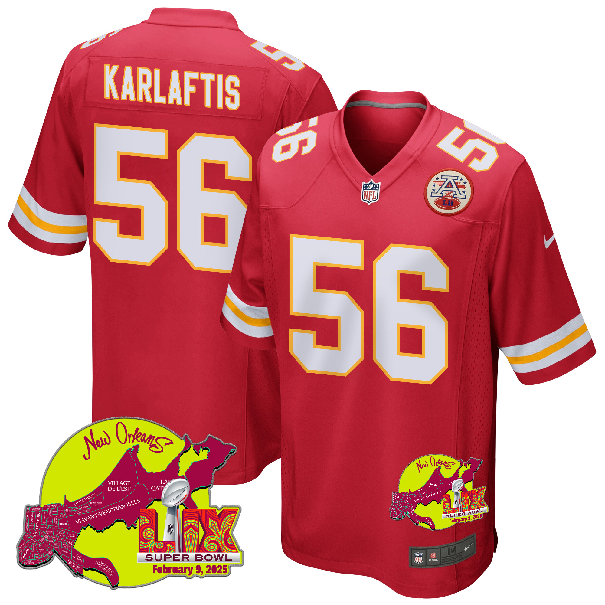 George Karlaftis 56 Kansas City Chiefs Super Bowl LIX New Orleans Patch Game Men Jersey - Red JS3363 Saliibo