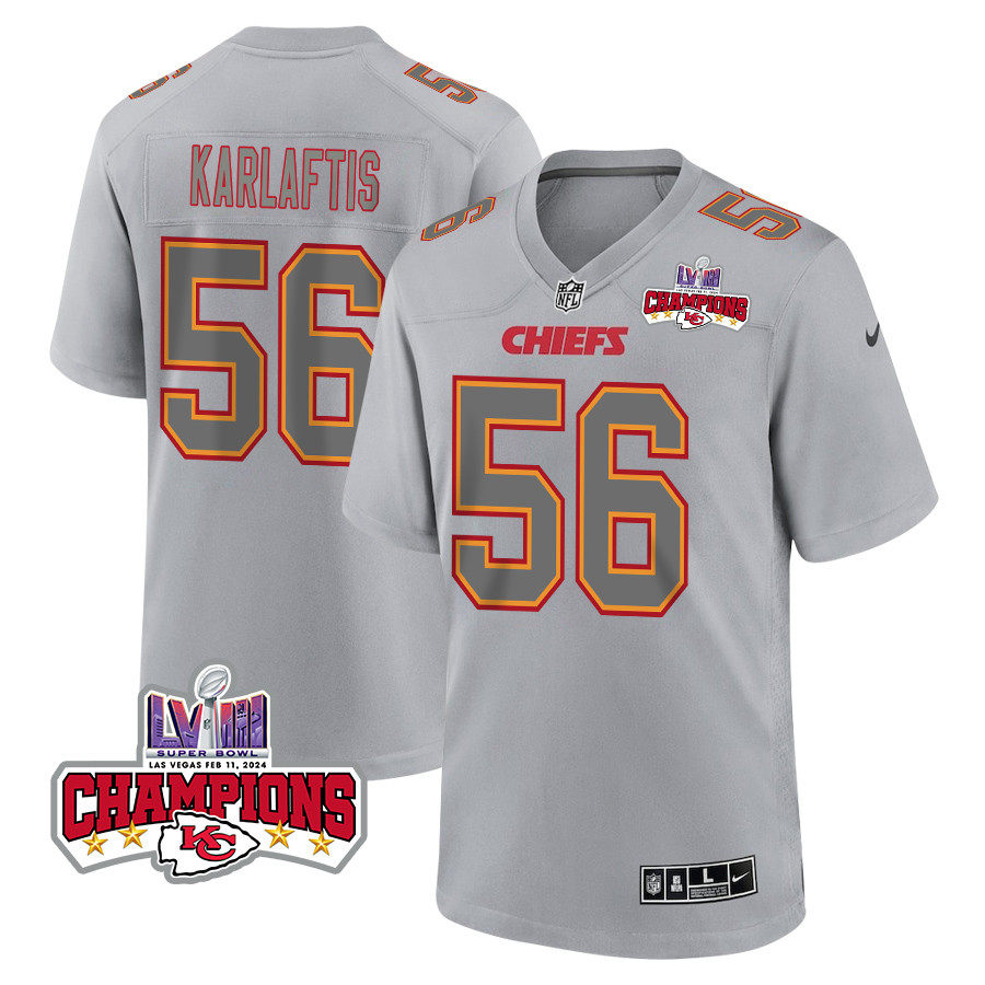 George Karlaftis 56 Kansas City Chiefs Super Bowl LVIII Champions 4 Stars Patch Atmosphere Fashion Game Men Jersey - Gray JS1532 Saliibo