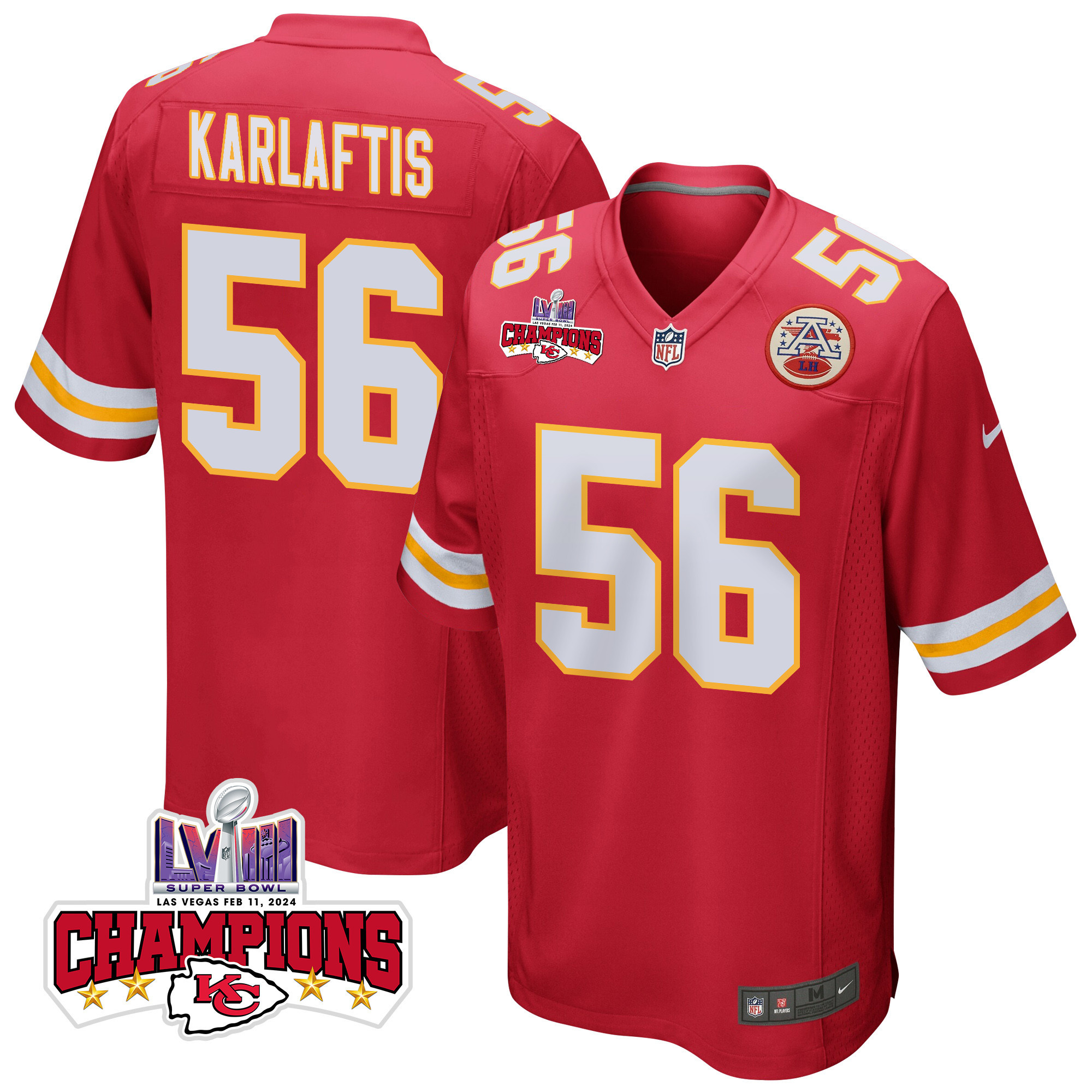 George Karlaftis 56 Kansas City Chiefs Super Bowl LVIII Champions 4 Stars Patch Game Men Jersey - Red JS2703 Saliibo