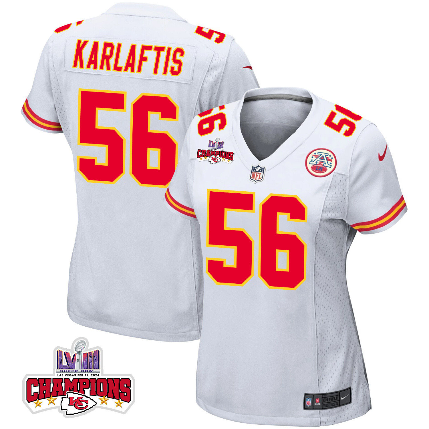 George Karlaftis 56 Kansas City Chiefs Super Bowl LVIII Champions 4 Stars Patch Game Women Jersey - White JS5645 Saliibo