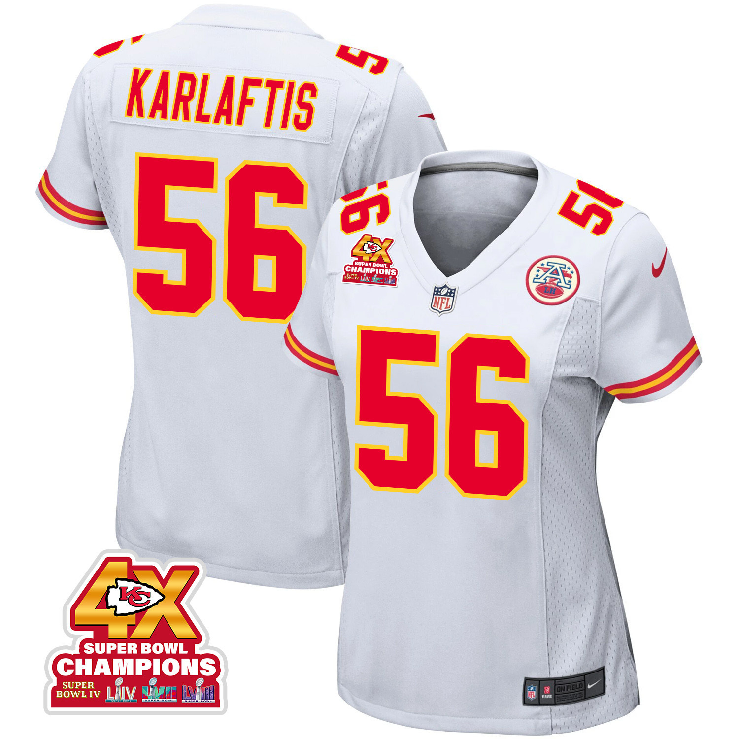 George Karlaftis 56 Kansas City Chiefs Super Bowl LVIII Champions 4X Game Women Jersey - White JS4441 Saliibo