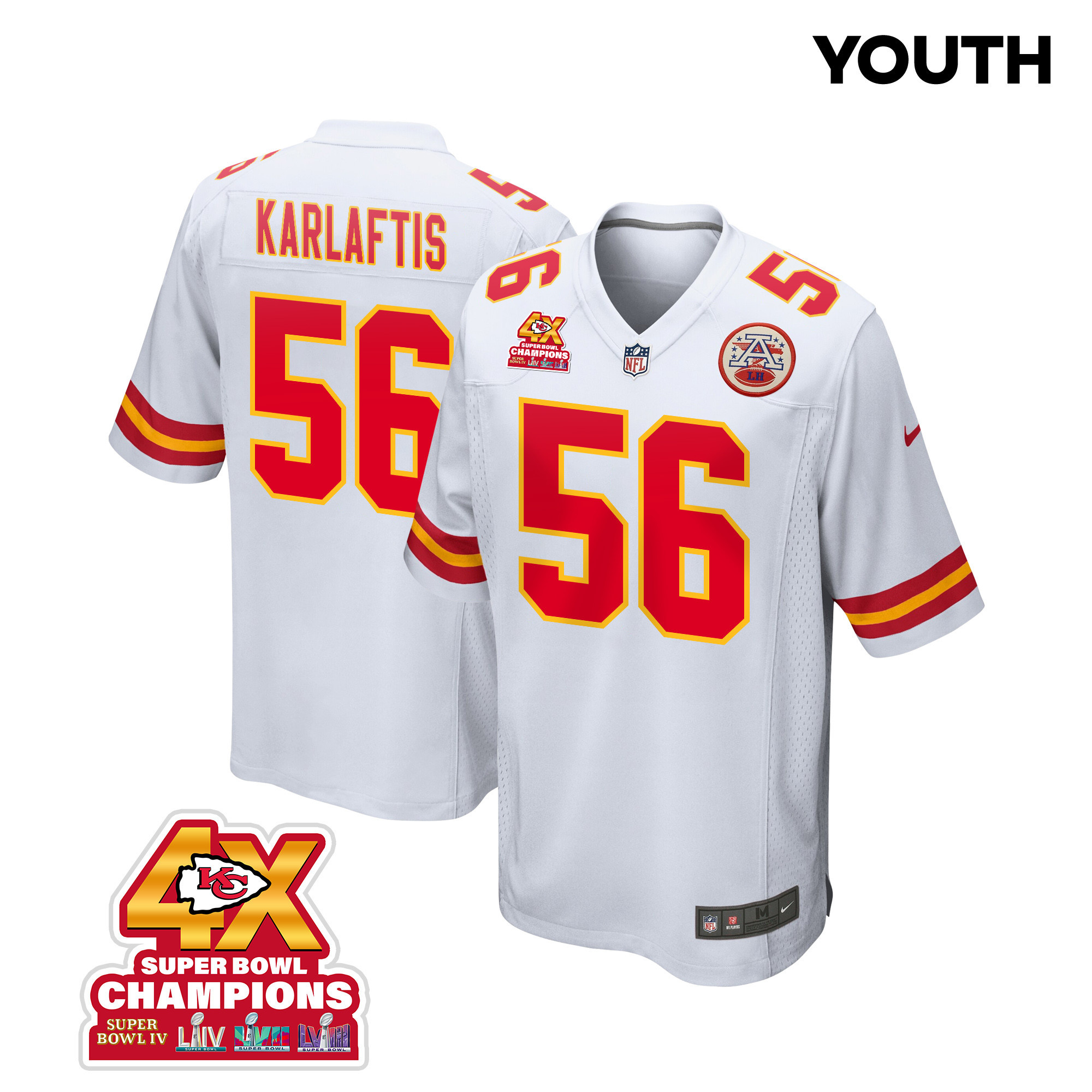 George Karlaftis 56 Kansas City Chiefs Super Bowl LVIII Champions 4X Game YOUTH Jersey - White JS8994 Saliibo
